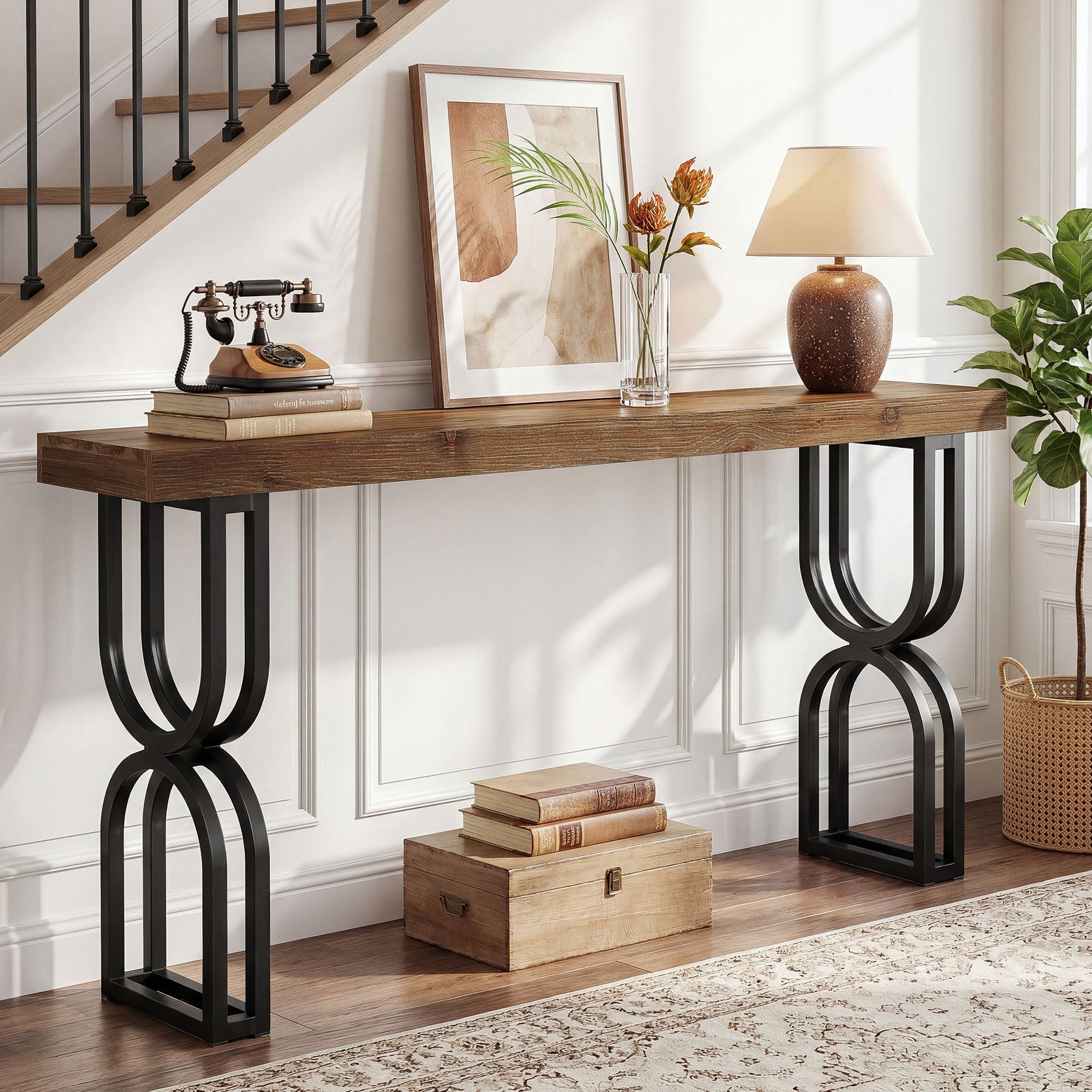 Tribesigns Konsolentisch aus Massivholz, 150 cm schmaler Flurtisch im Industrial-Stil mit U-förmigen Metallbeinen