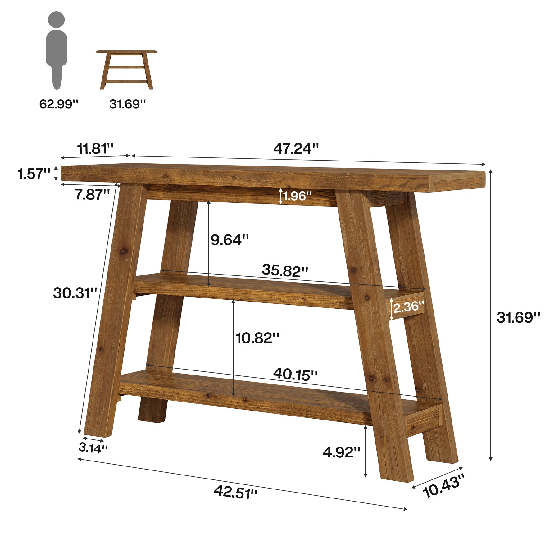 120 cm Massivholz-Konsolentisch im Landhausstil, schmaler Sofatisch mit 3 Ebenen für Eingang & Foyer