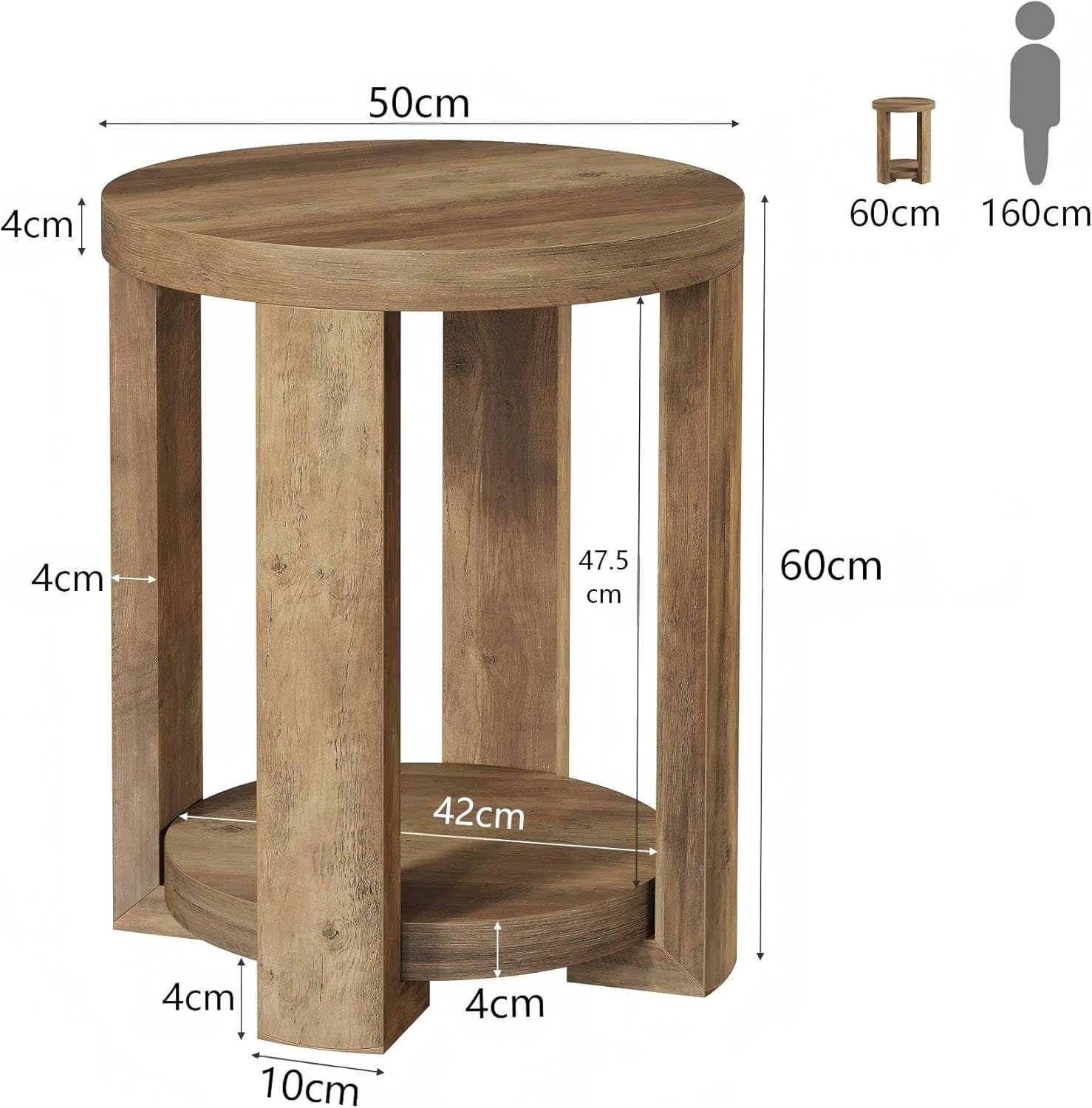 Tribesigns Runder Beistelltisch 50 cm mit Stauraum, Moderner Nachttisch im Landhausstil, 2 Ebenen Sofatisch in Braun