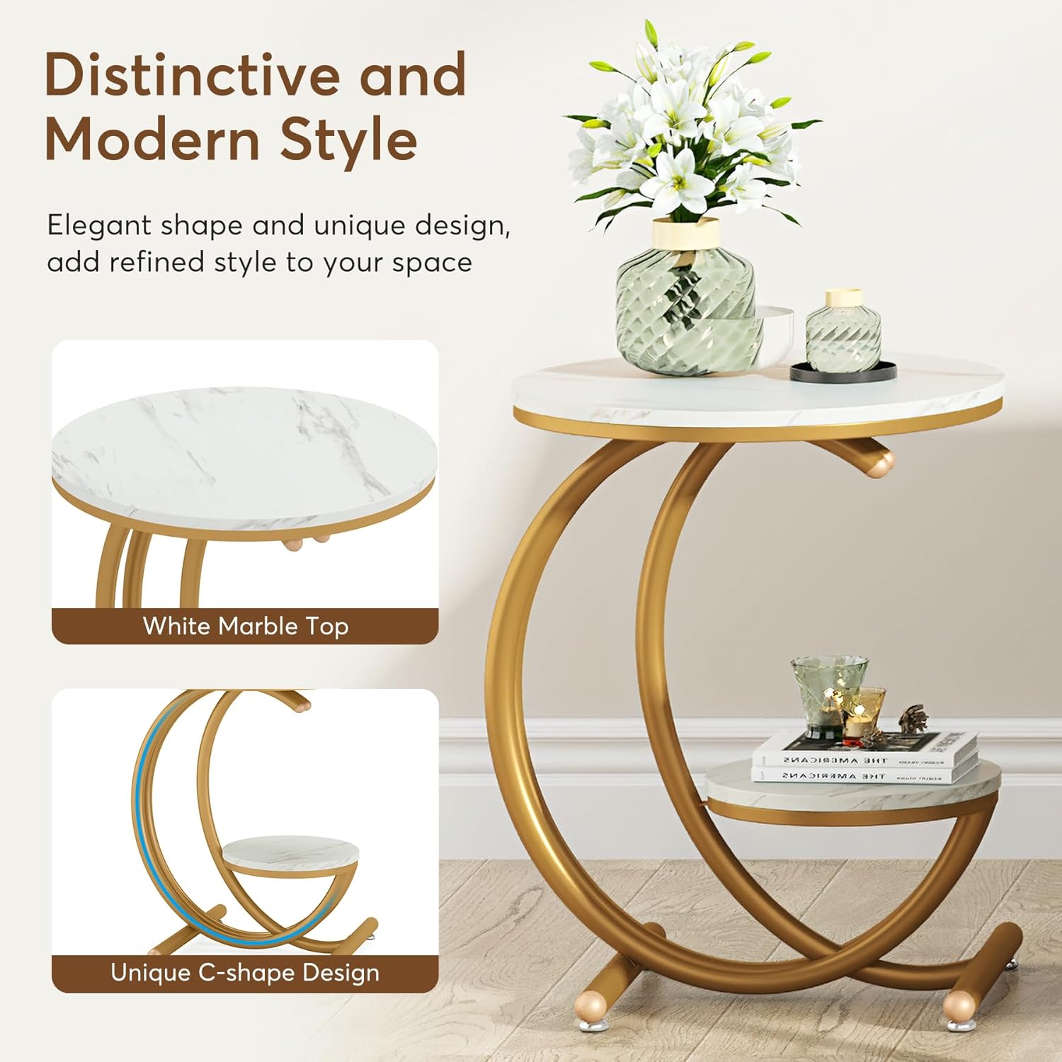 Modern Side Table - 2-stöckiger Beistelltisch mit C-förmigen Metallbeinen