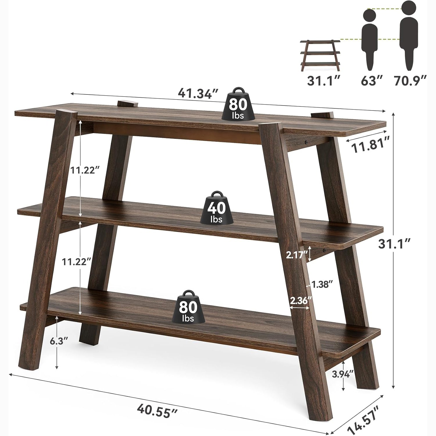 105 cm Landhaus-Konsole - 3-stöckiger schmaler Couchtisch mit offenen Regalen in Rustikal Braun