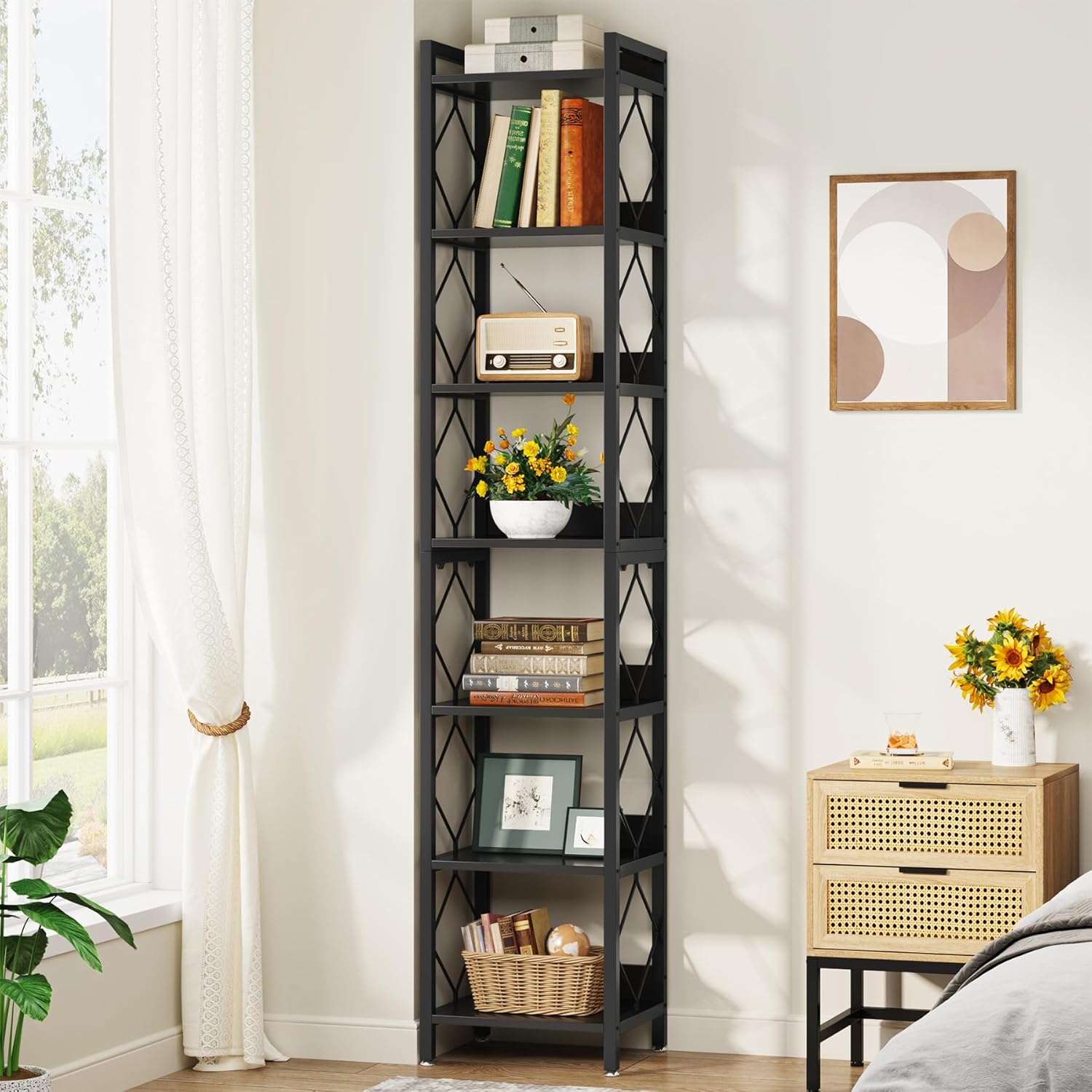 Schwarz 7-stöckiges schmales Bücherregal, freistehendes Präsentationsregal
