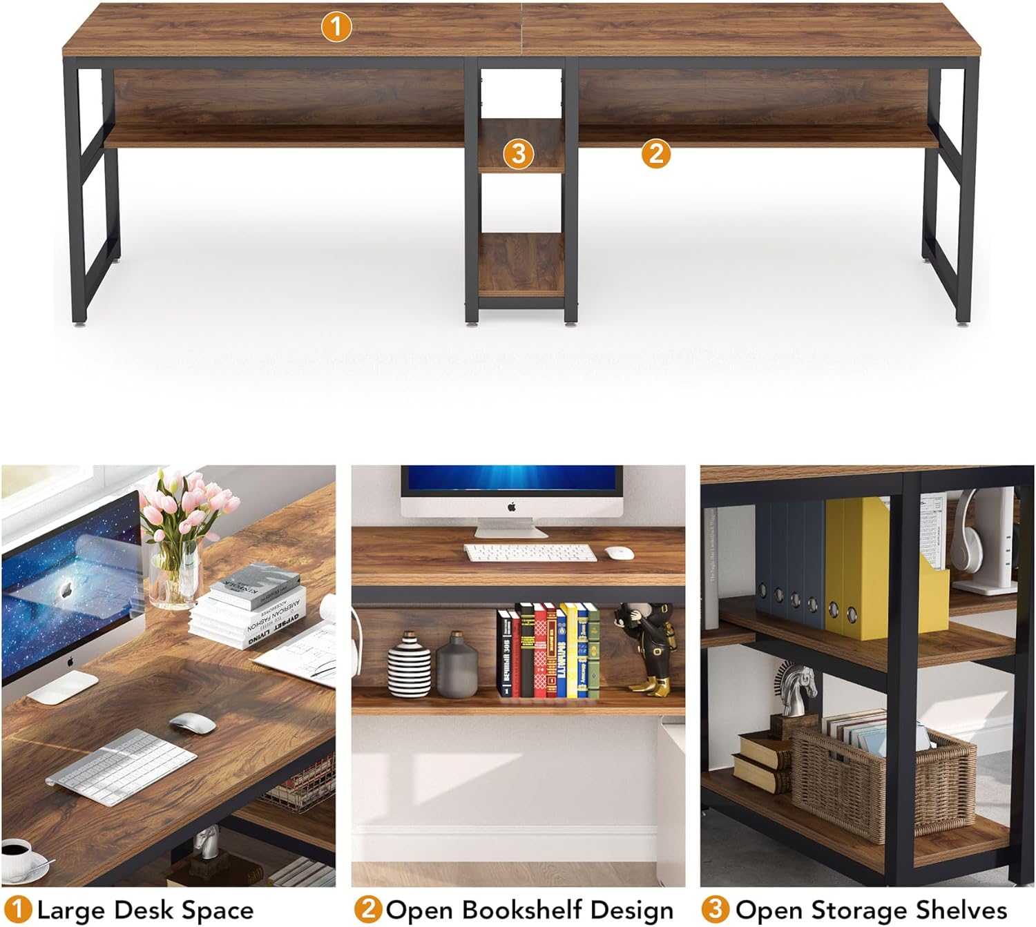 200 cm Zwei-Personen-Schreibtisch, Computertisch, Doppelarbeitsplatz mit Regalen