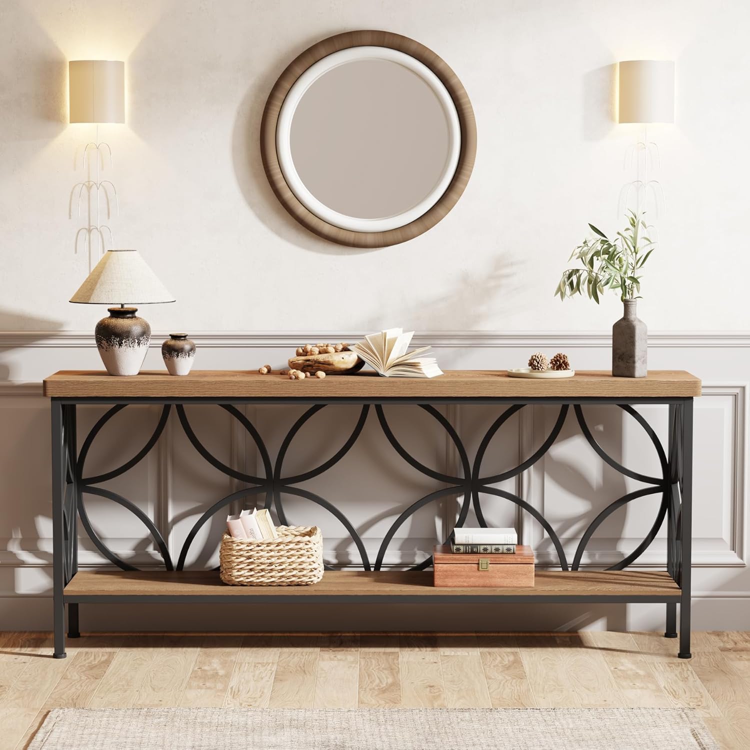 2-stufiger Konsolentisch, 160 cm Industrieller Sofatisch hinter der Couch