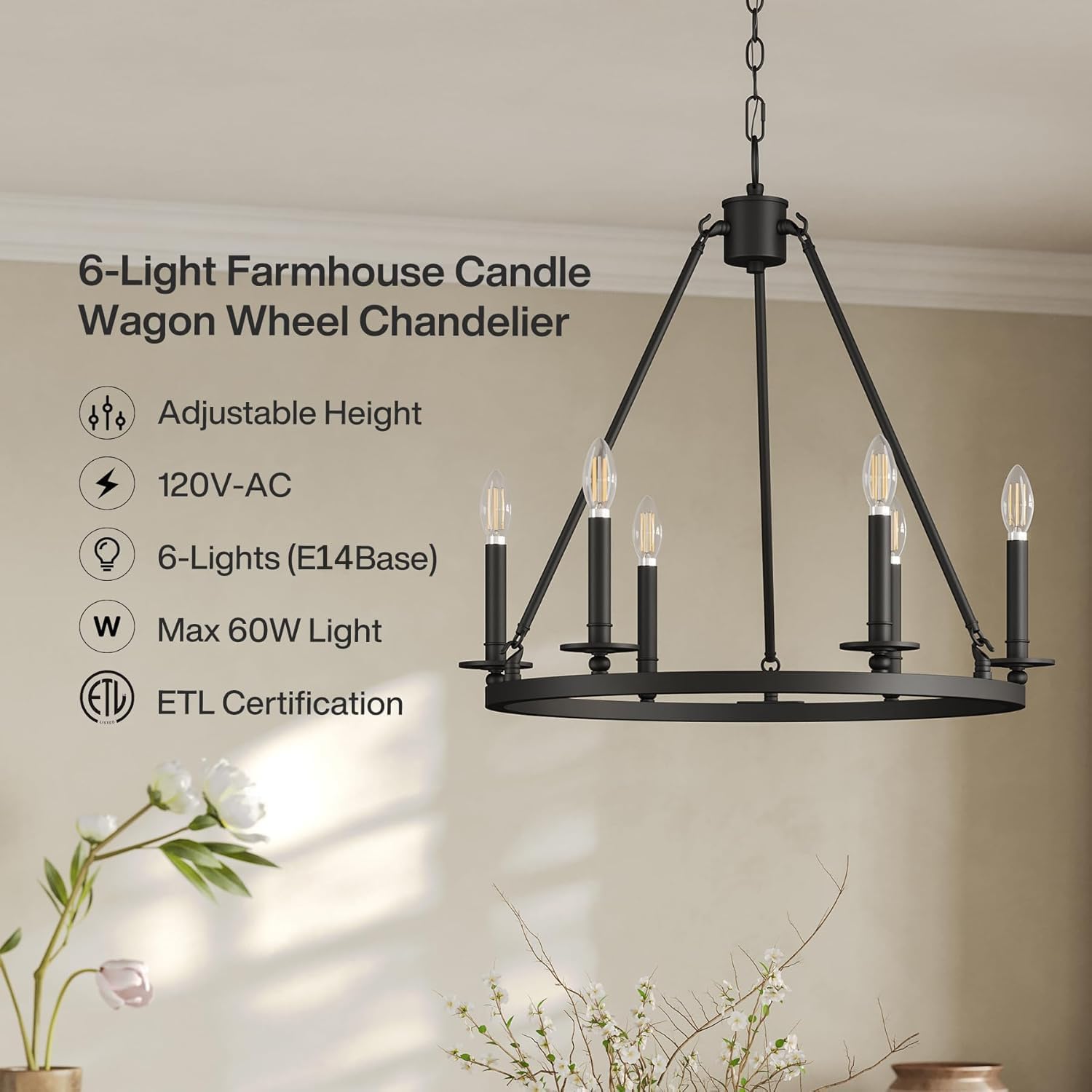 Tribesigns 6-flammiger Wagenrad Kronleuchter Schwarz im Vintage Industrial Stil, E14 Deckenlampe für Wohnzimmer & Esszimmer