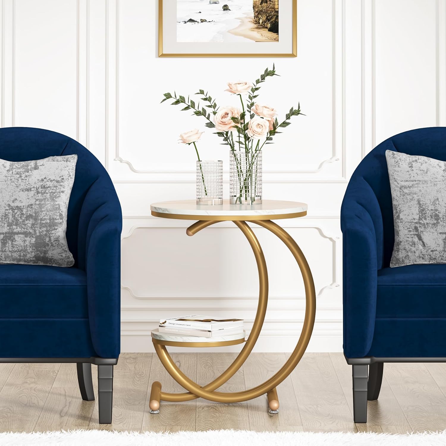 Modern Side Table - 2-stöckiger Beistelltisch mit C-förmigen Metallbeinen