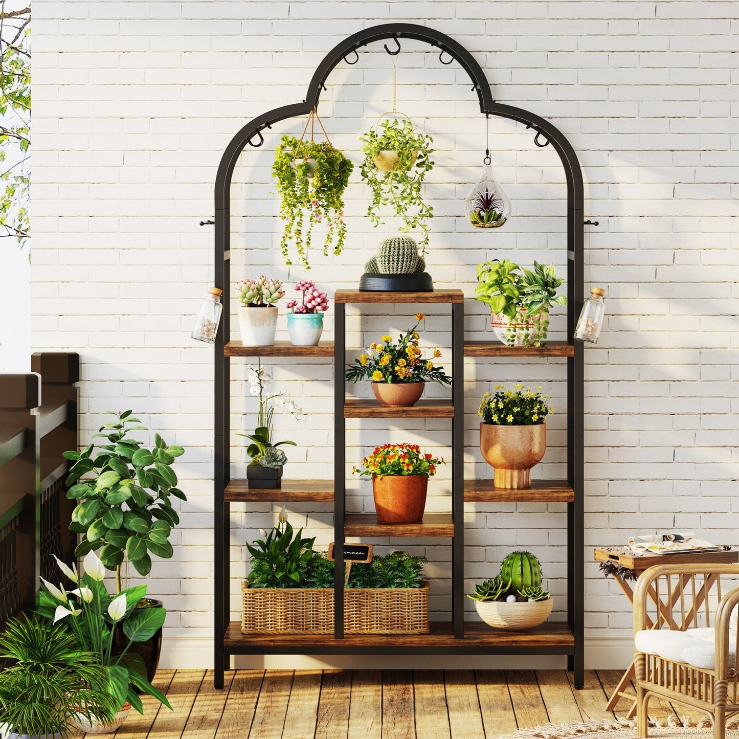 74.8" Arch Plant Stand, 6-Tier Flower Bonsai Shelf with 10 Hanging Hooks Tribesigns