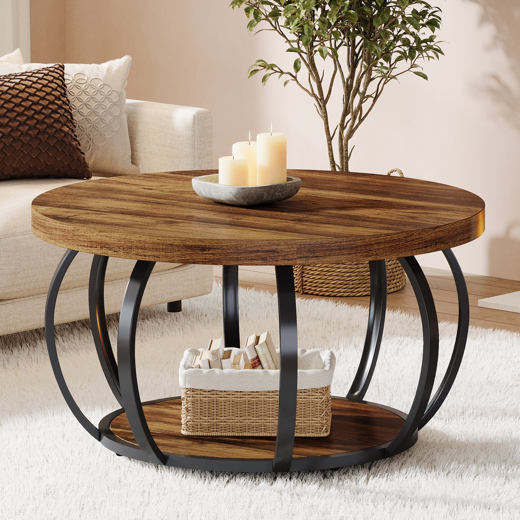 Tribesigns Runde Couchtisch 80 cm, Industrial 2-Tier-Kreis Couchtisch mit Lagerung Regale