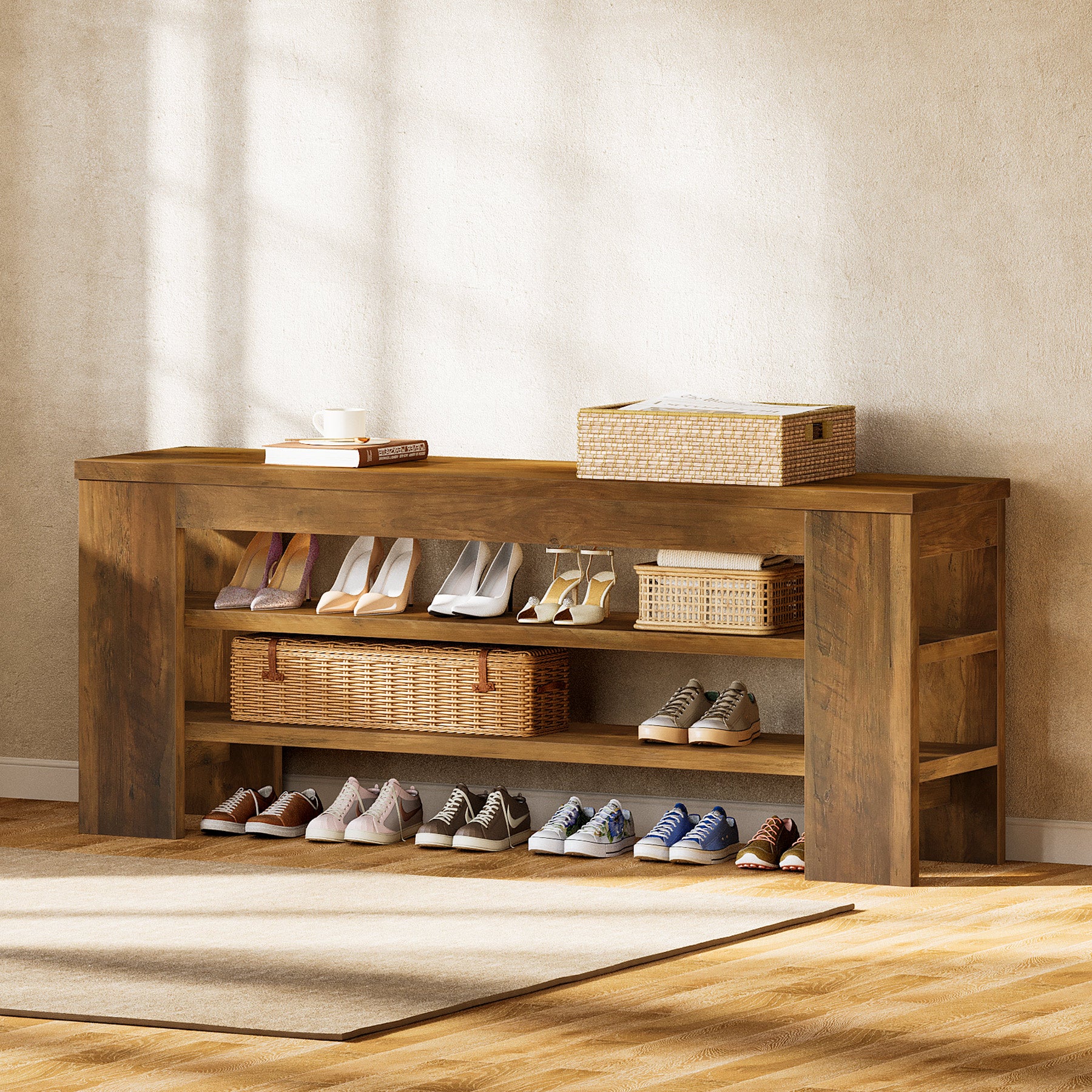 Schuhbank 120 cm mit Sitzfläche, Schuhregal, Garderobenbank aus Holz mit 3 Ebenen, belastbar bis 136 kg