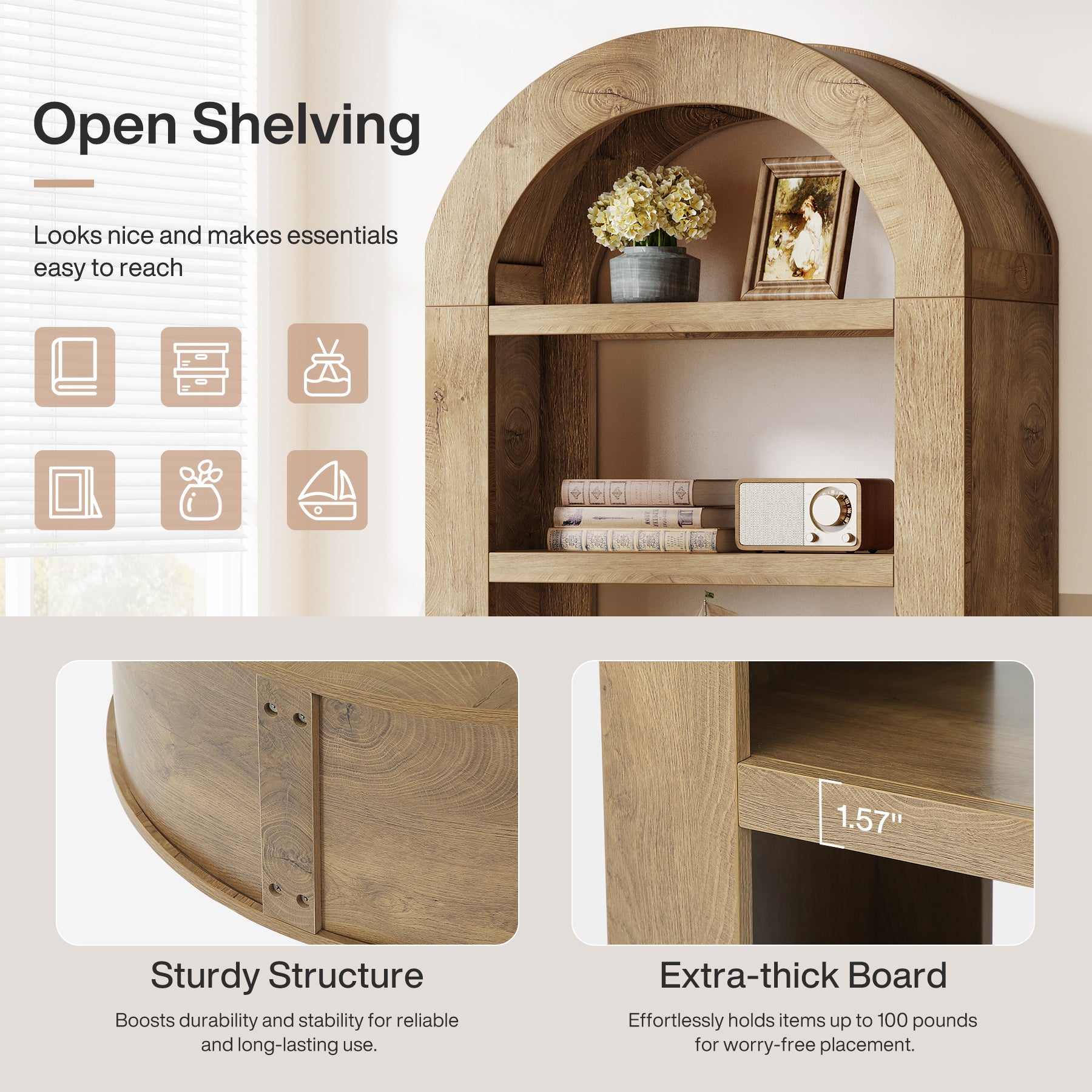 Tribesigns Arched Bücherregal 180 cm hoch, 5-stöckiges offenes Standregal mit Stauraum
