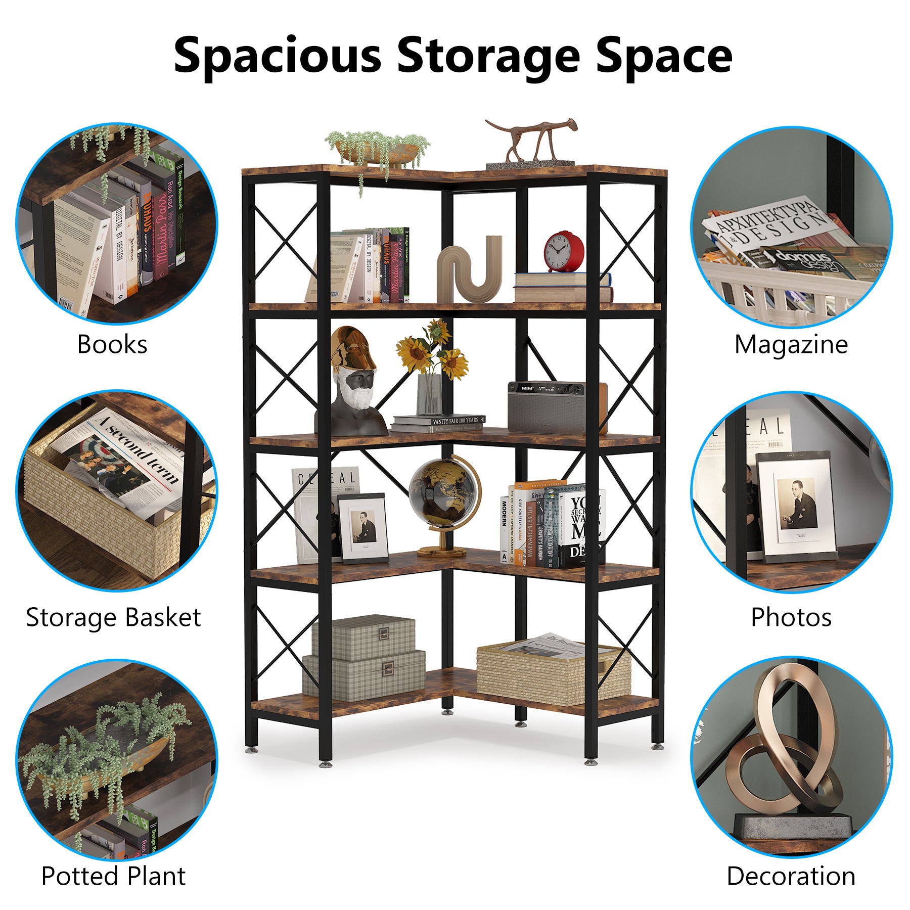 Großes modernes 5-stöckiges hohes Eckregal mit Metallrahmen