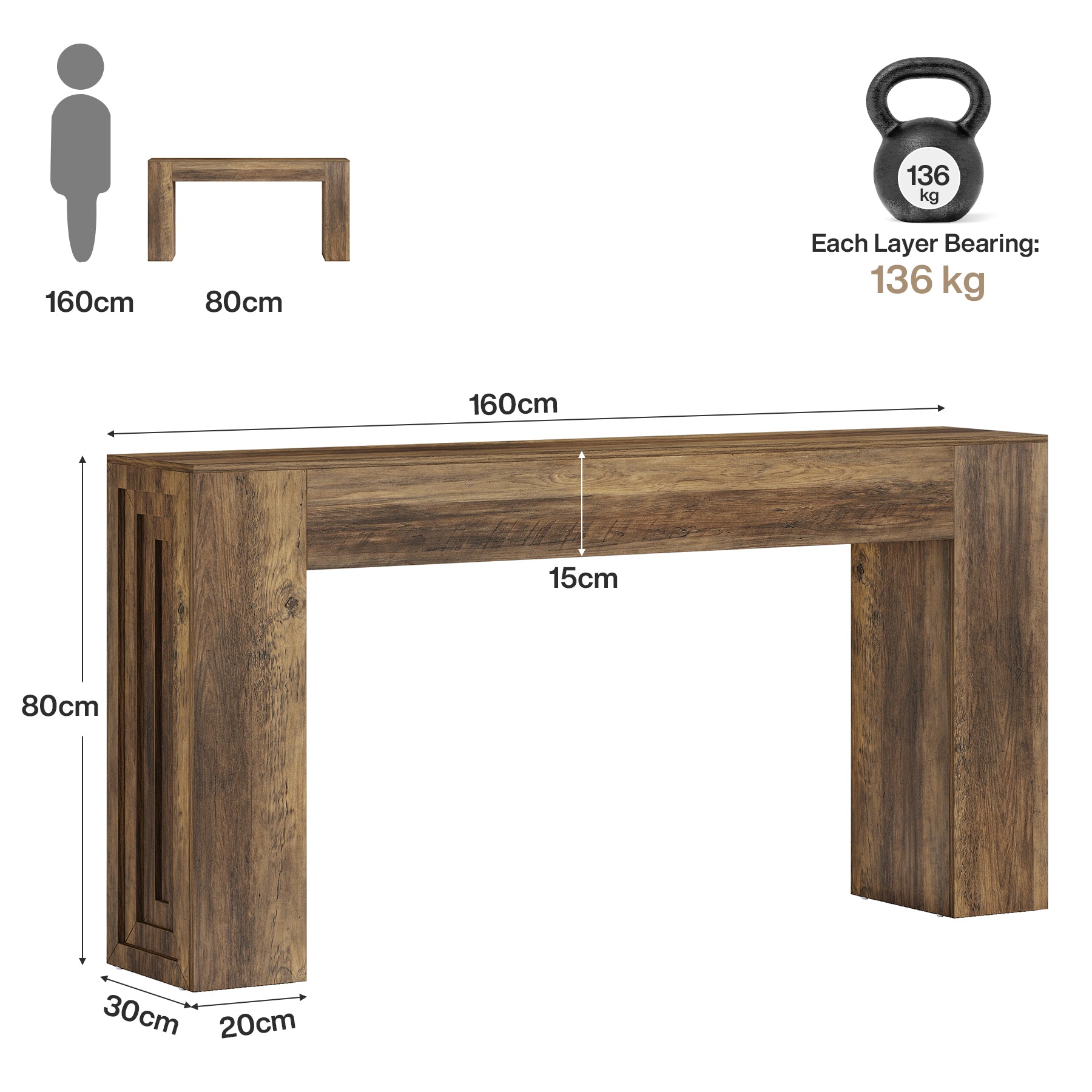 160 cm Konsolentisch, rustikaler Sofatisch, Flurtisch mit stabilen Beinen