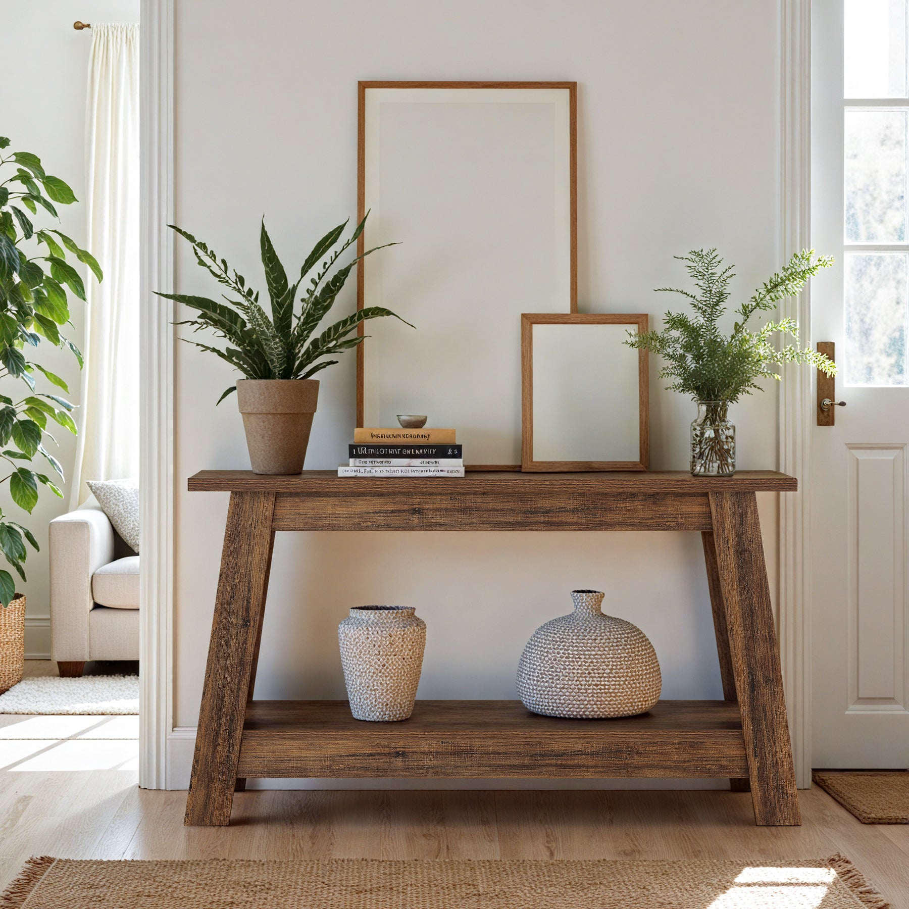 105 cm Farmhouse Konsolentisch mit 2 Ebenen Stauraum, Schmaler Sofatisch im Landhausstil