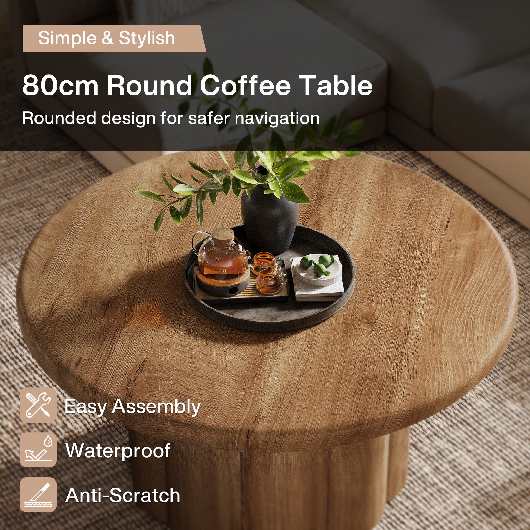 80 cm Couchtisch Rund, Landhaus Design Wohnzimmertisch mit Riffelbasis in Braun