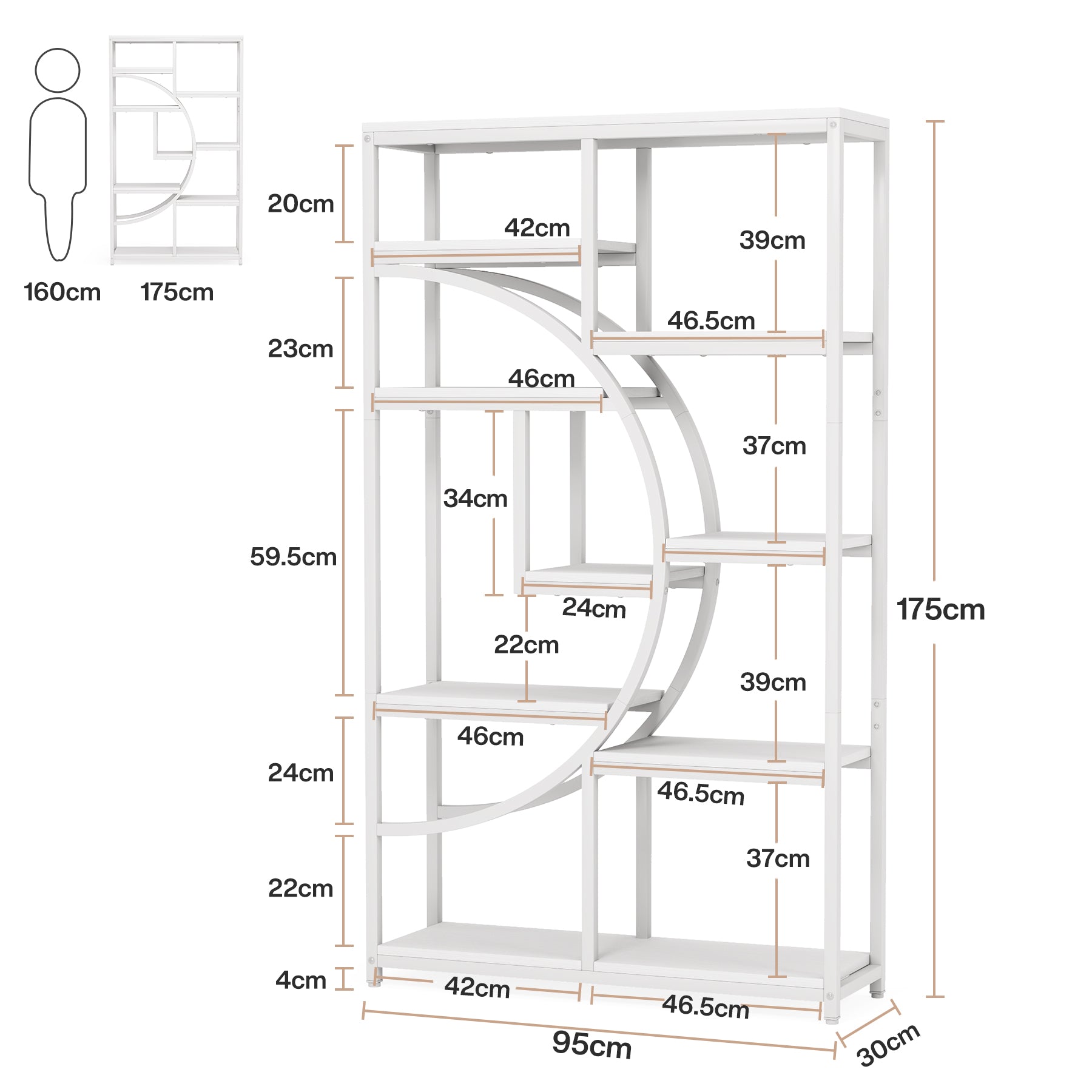 Freistehendes Bücherregal, 175 cm Etagere-Bücherregal mit 9 offenen Regalen