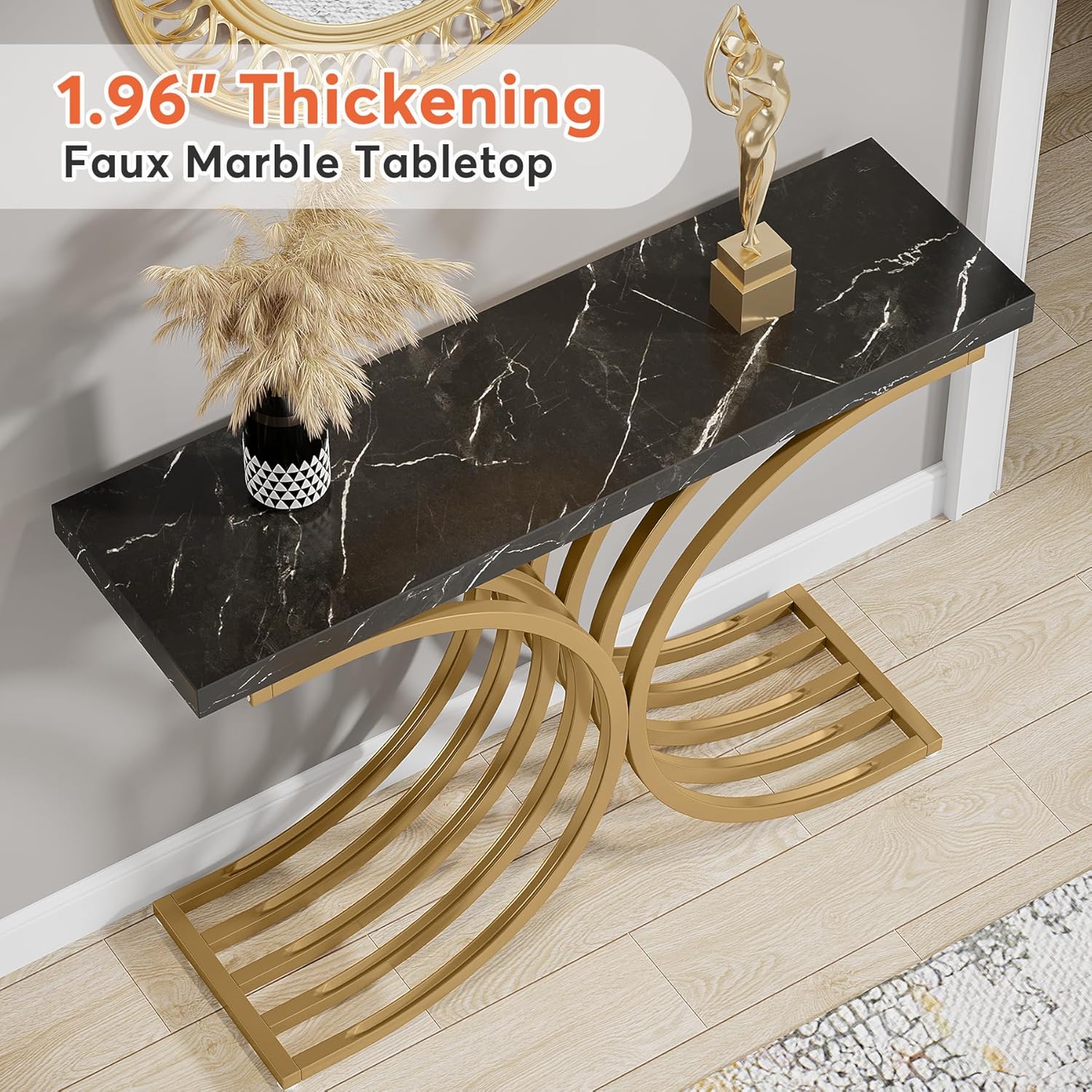 Schmaler Konsolentisch - Beistelltisch mit goldfarbenem Metallgestell, Flurtisch