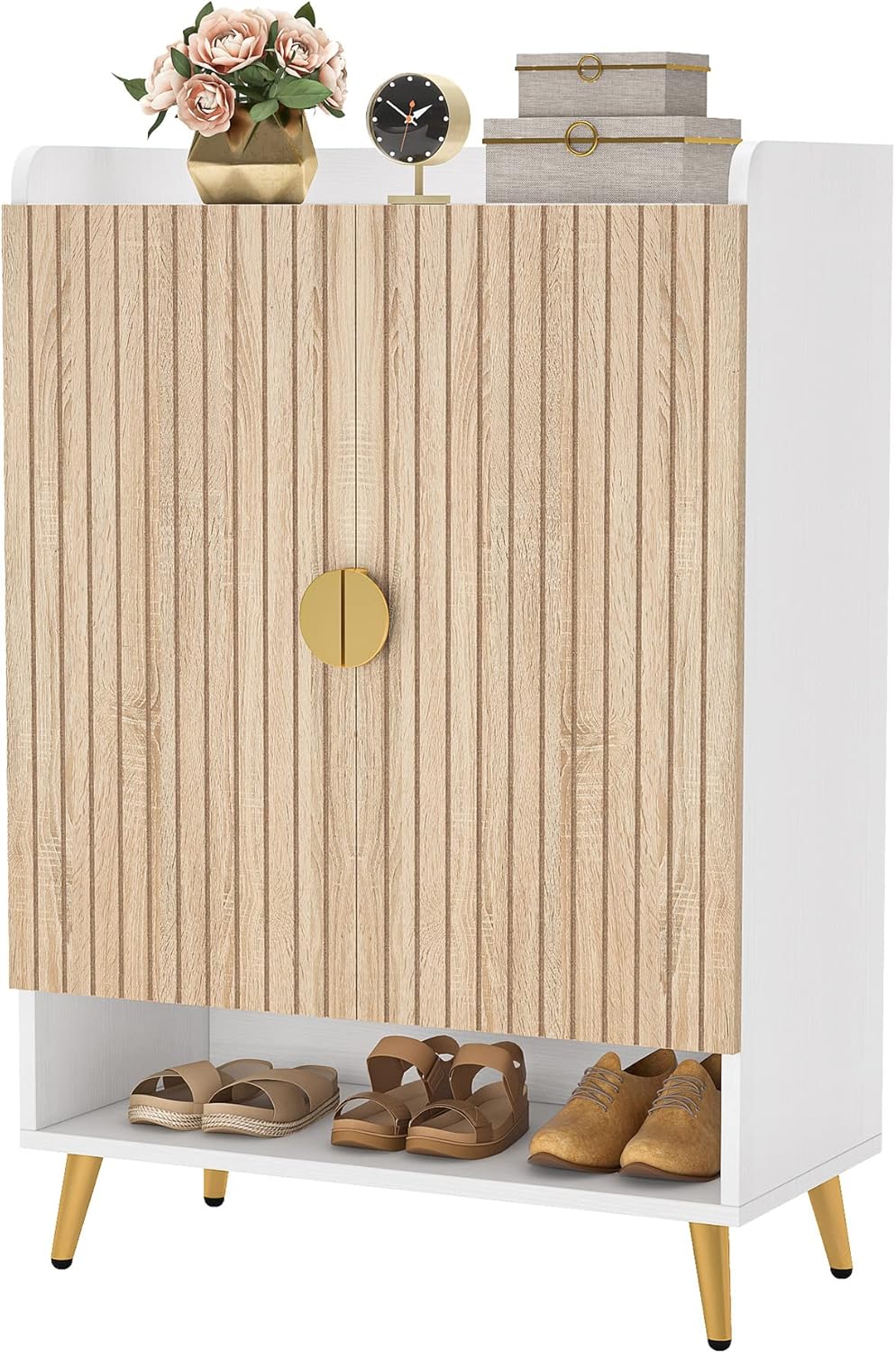 Moderner Schuhschrank mit 2 Türen - Goldener Metallrahmen