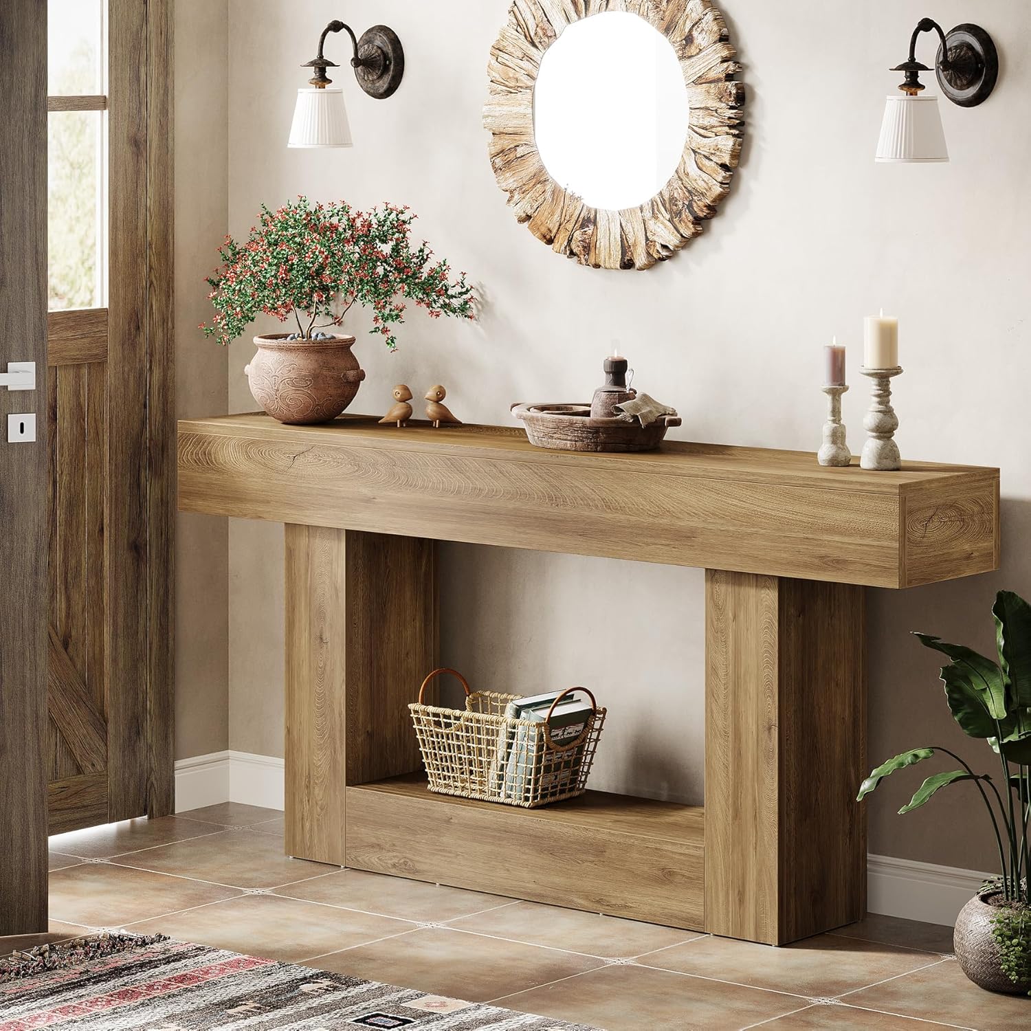 160 cm Konsolentisch, Bauernhaus-Sofatisch mit 2 Ebenen, Eingangstisch