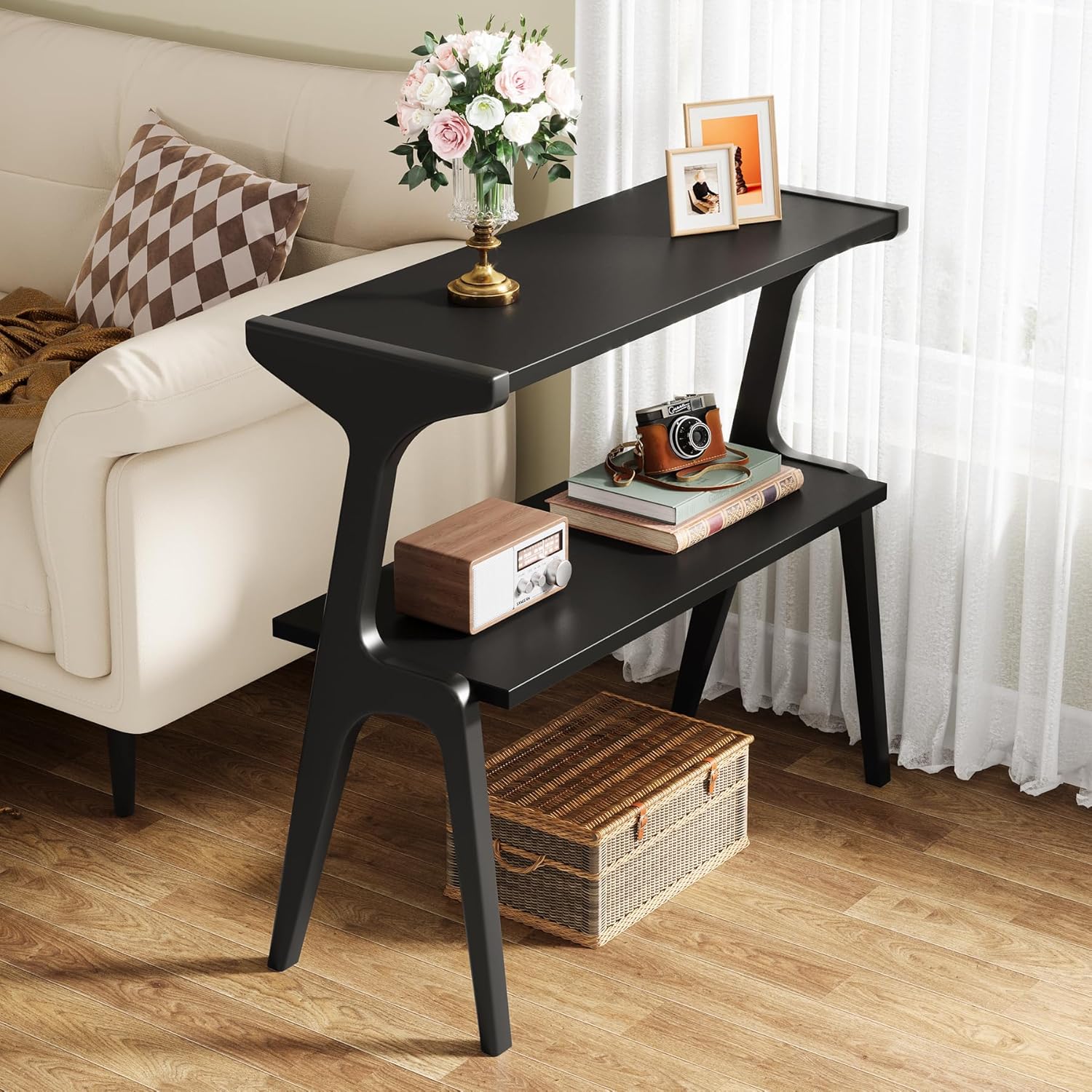 Tribesigns Schmaler Beistelltisch aus Massivholz, 2-stufiger Nachttisch mit modernem Design