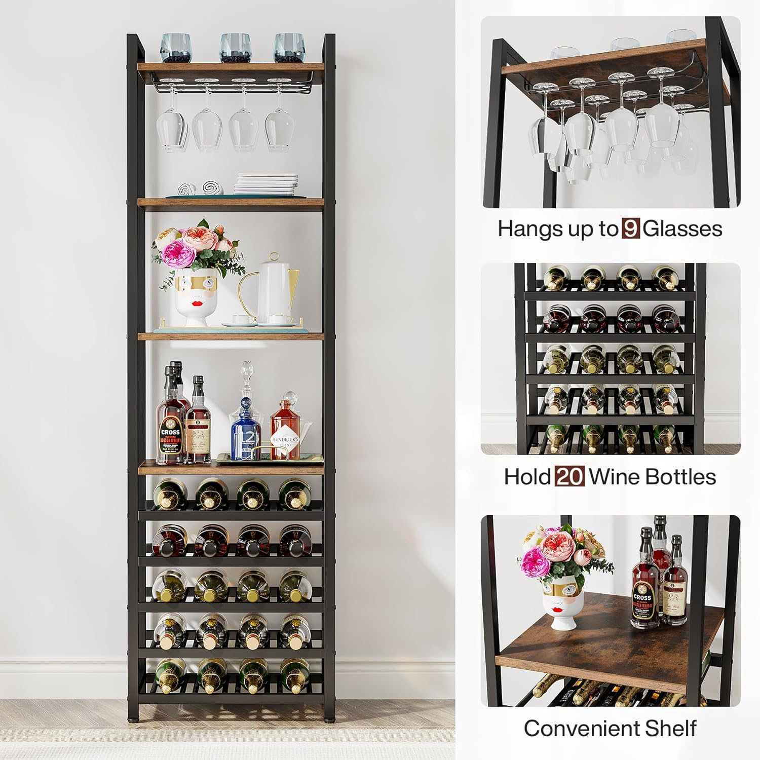 9-stöckiges Wein-Bäckerregal - Industrielles Weinregal mit Glashalter