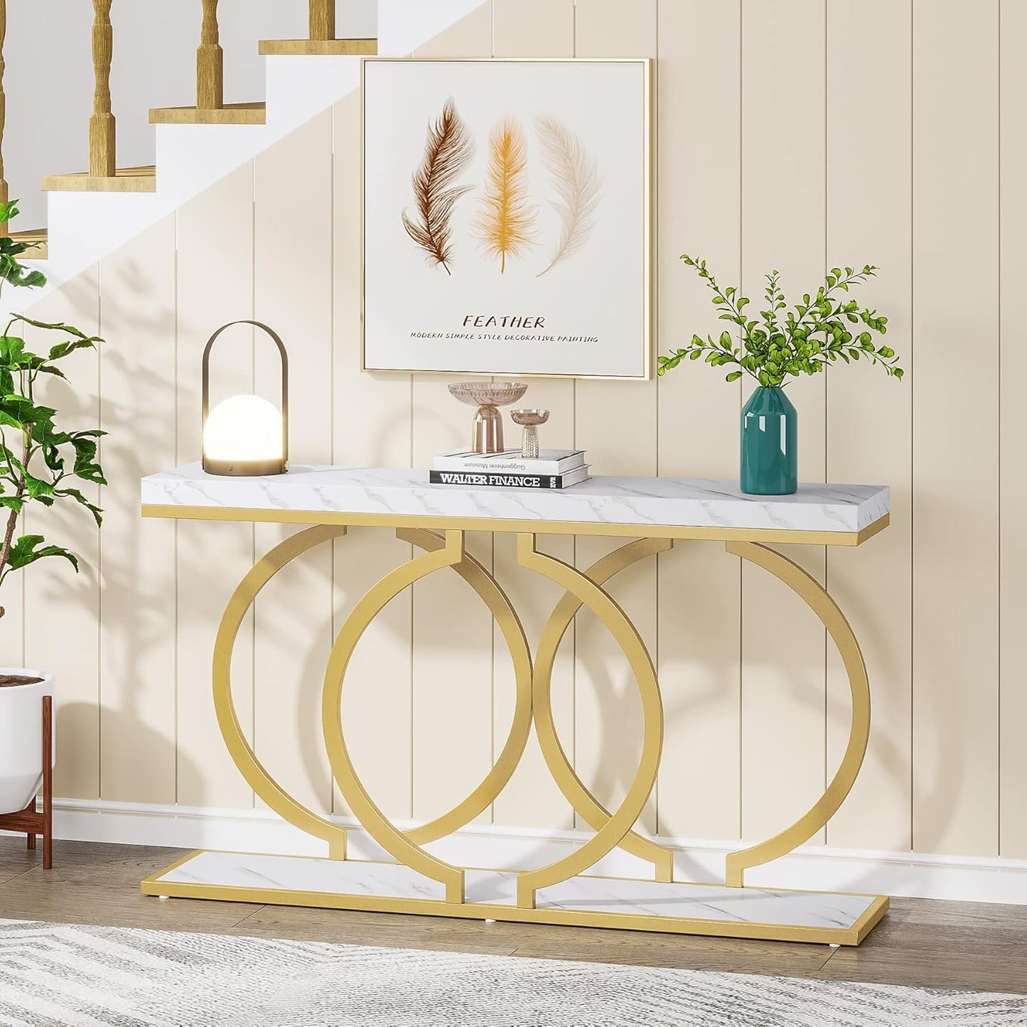 Modern Weiß und Gold Konsolentisch - Faux Marmor Sofa Tisch