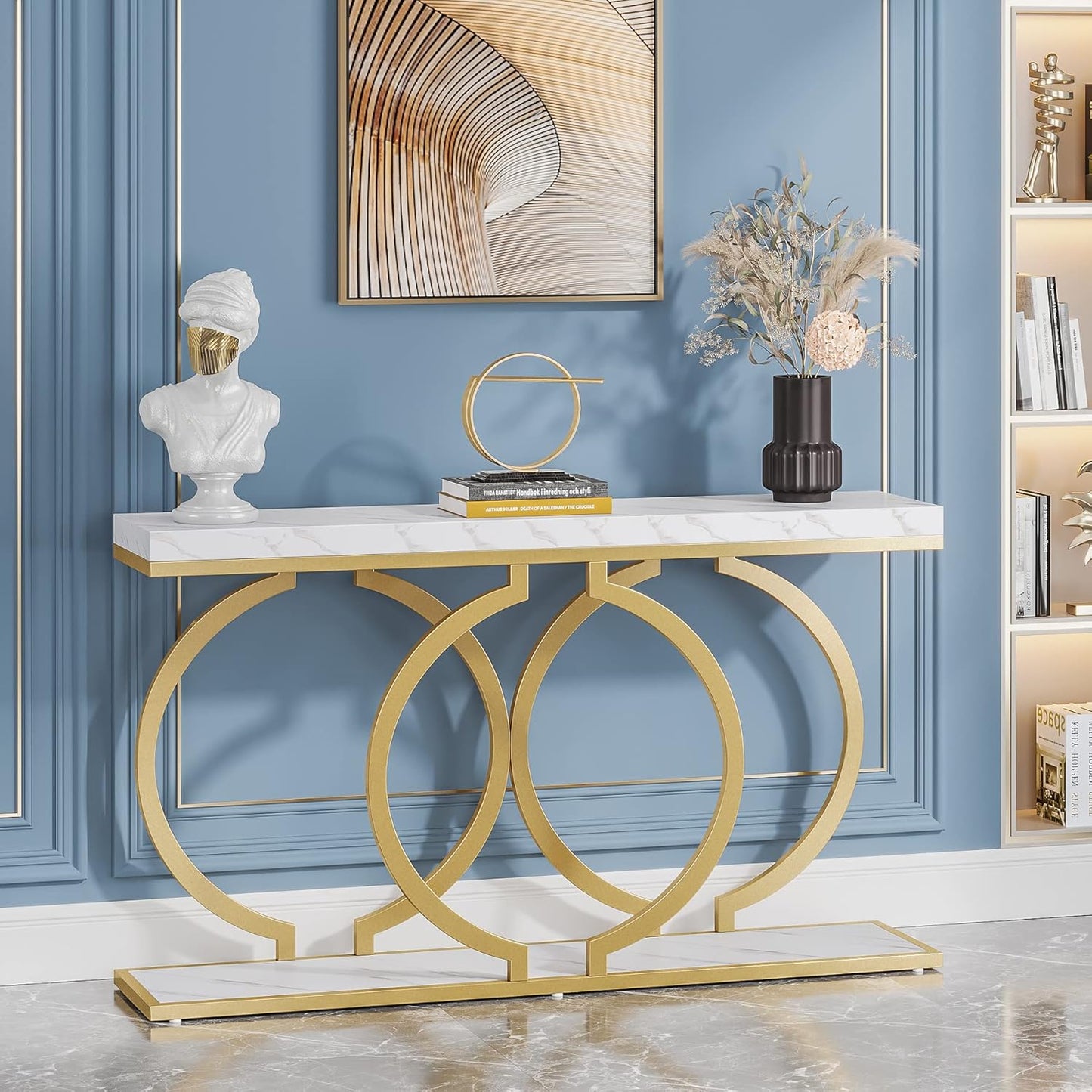 Modern Weiß und Gold Konsolentisch - Faux Marmor Sofa Tisch