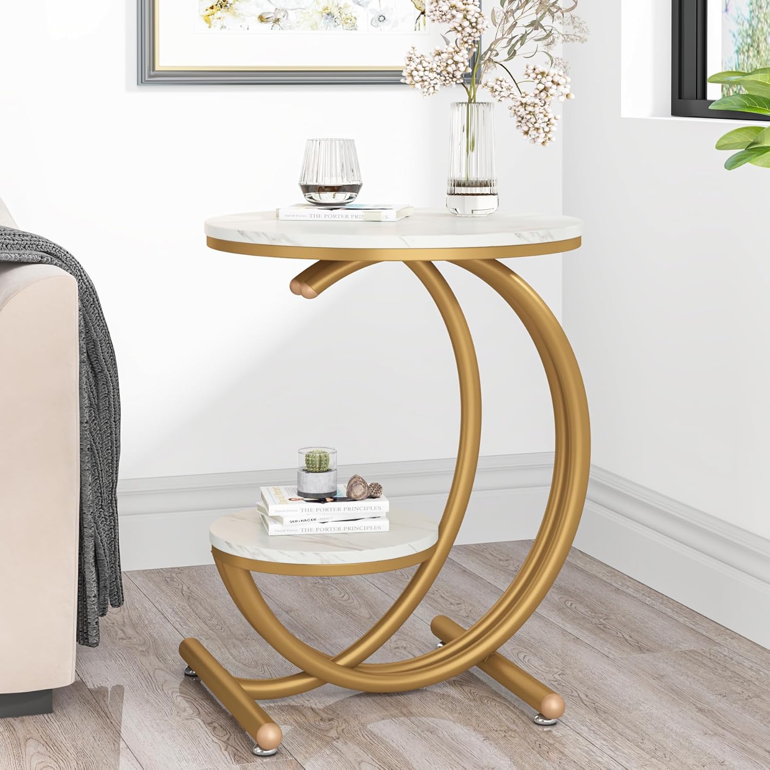 Modern Side Table - 2-stöckiger Beistelltisch mit C-förmigen Metallbeinen