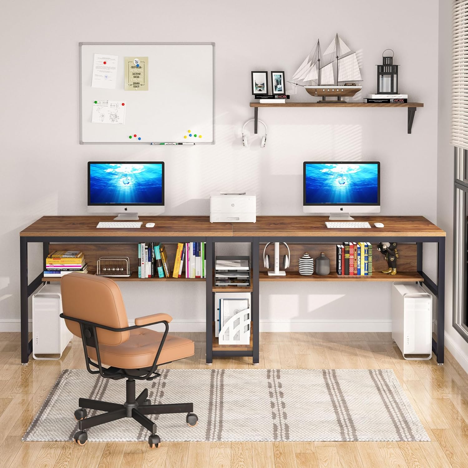 200 cm Zwei-Personen-Schreibtisch, Computertisch, Doppelarbeitsplatz mit Regalen