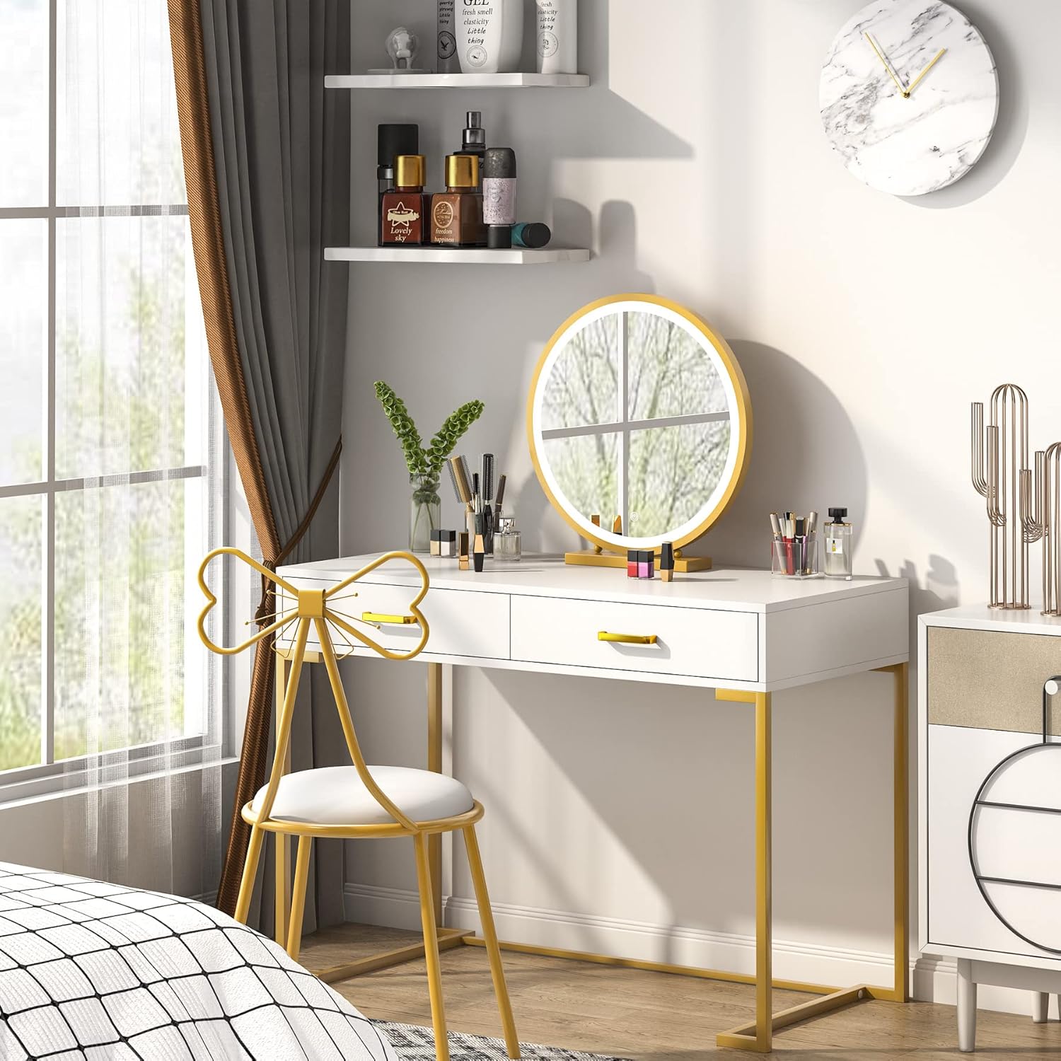 Moderner weiß-goldener Computertisch mit 2 Schubladen für Homeoffice