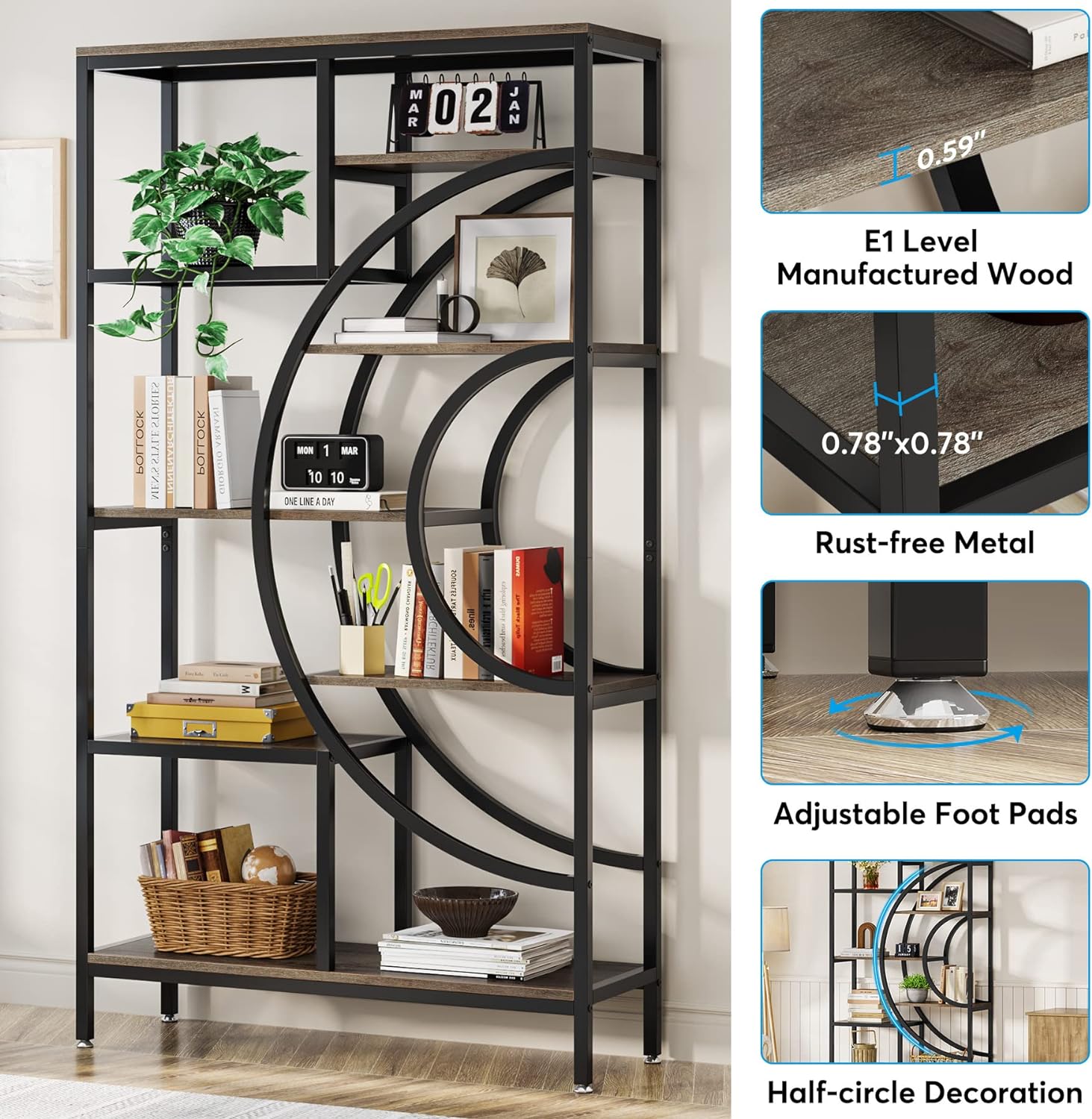 Industrielles 8-stöckiges geometrisches Bücherregal mit rustikalen Metallrahmen
