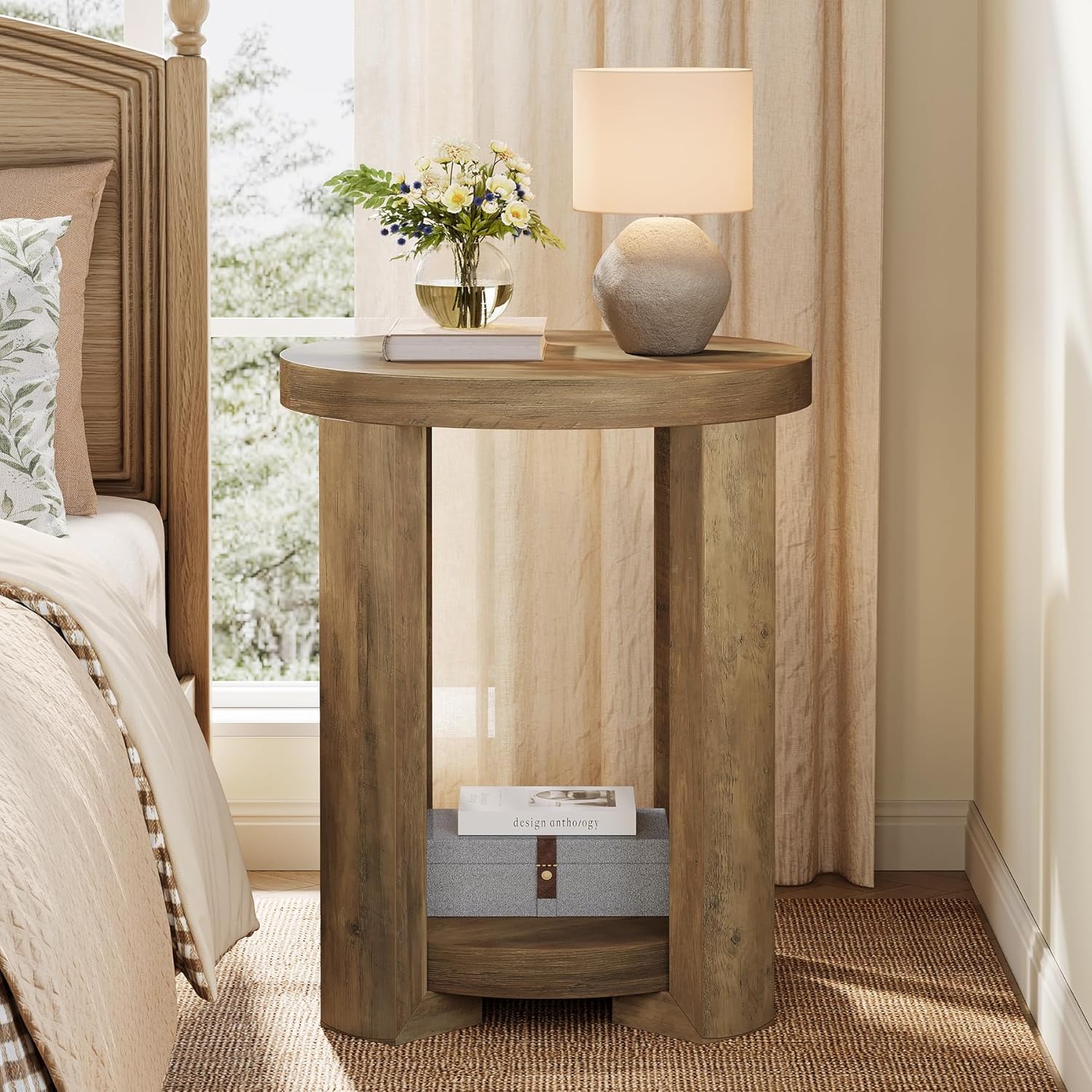 Tribesigns Runder Beistelltisch 50 cm mit Stauraum, Moderner Nachttisch im Landhausstil, 2 Ebenen Sofatisch in Braun