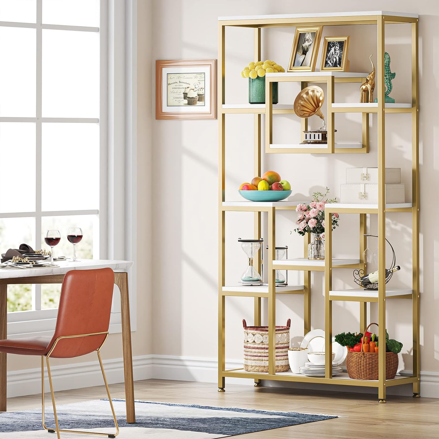 Goldenes Bücherregal - Modernes freistehendes Bücherregal mit 11 offenen Regalen