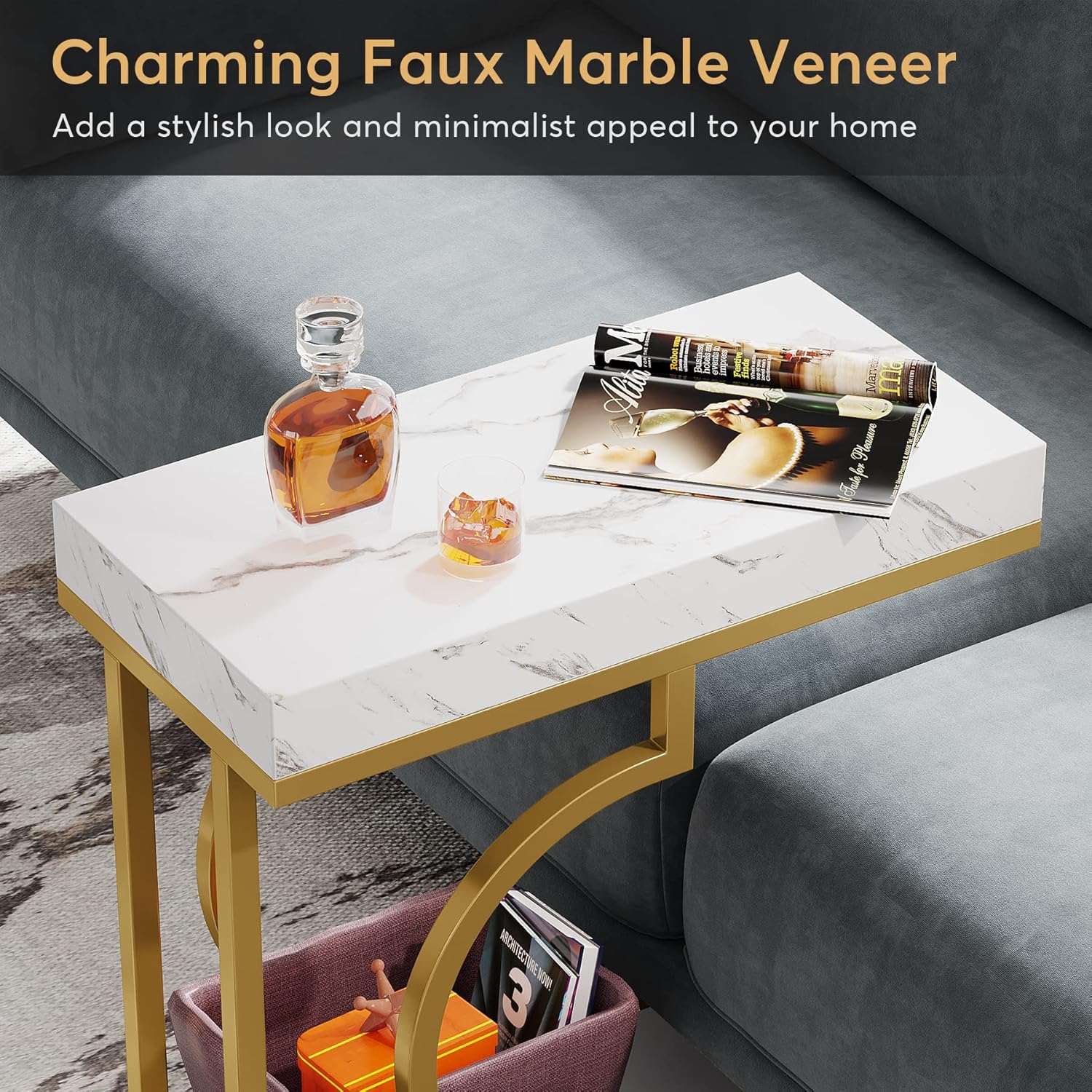 60 cm Beistelltisch, C-förmiger Beistelltisch Schmal für Wohnzimmer