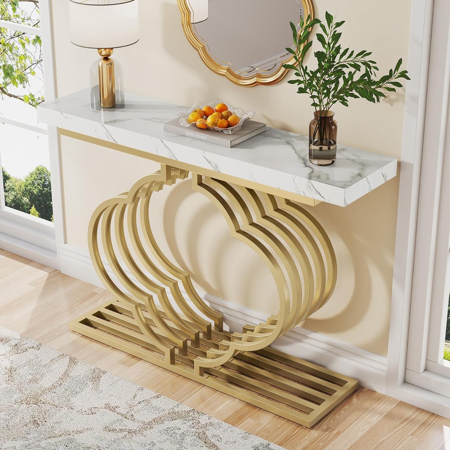 Gold Konsolentisch - Moderner Eingangstisch mit blumenförmigem Sockel
