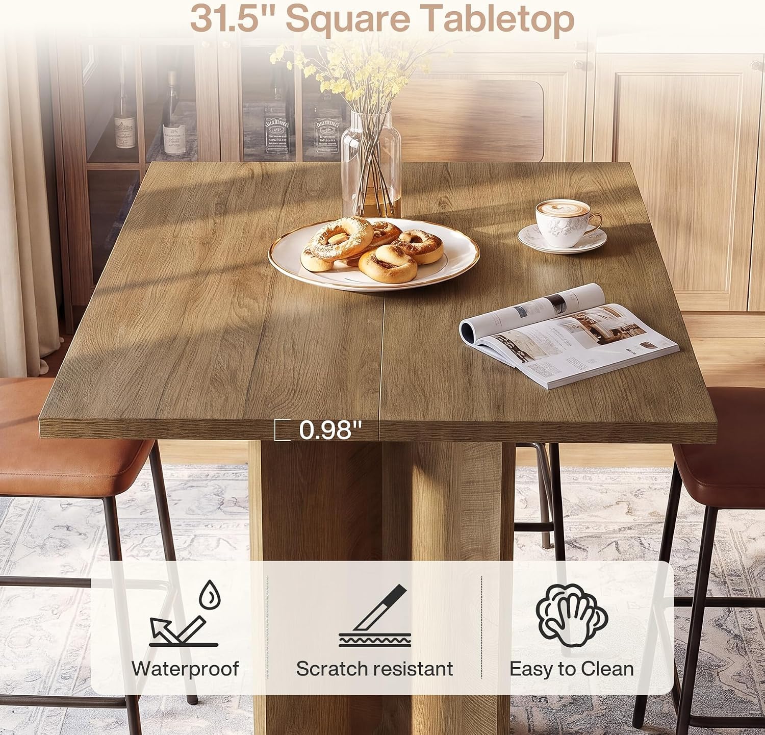 Tribesigns Quadratischer Bartisch 80 cm in Thekenhöhe, moderner Bistrotisch mit Säulenfuß für Küche, Esszimmer & Café