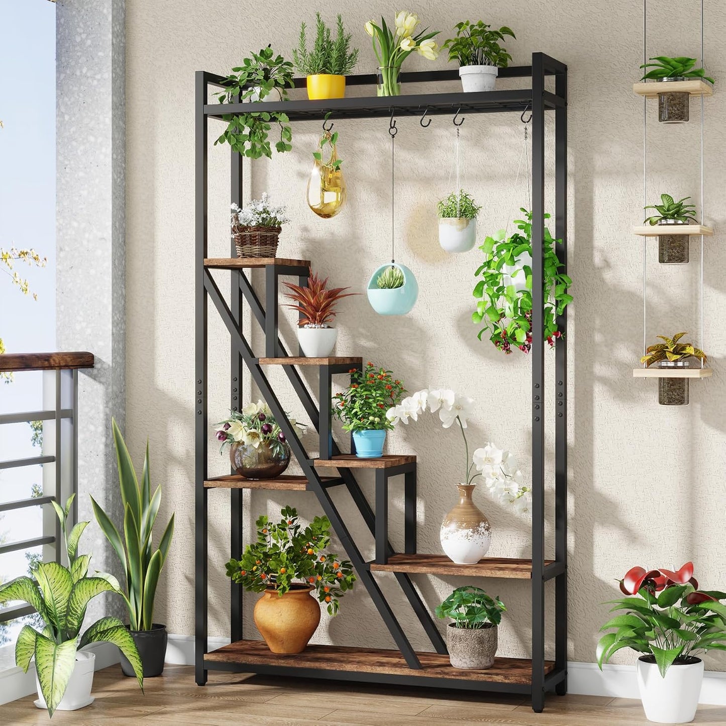 Blumenständer - 7-stöckiges großes Pflanzenregal mit 5 S-Haken