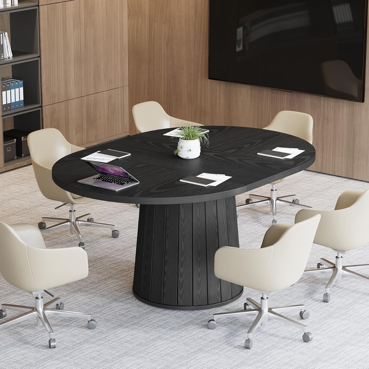 Tribesigns Ovaler Konferenztisch 140 cm für 6 Personen, Holz Besprechungstisch mit stabilem Sockel, Schwarz