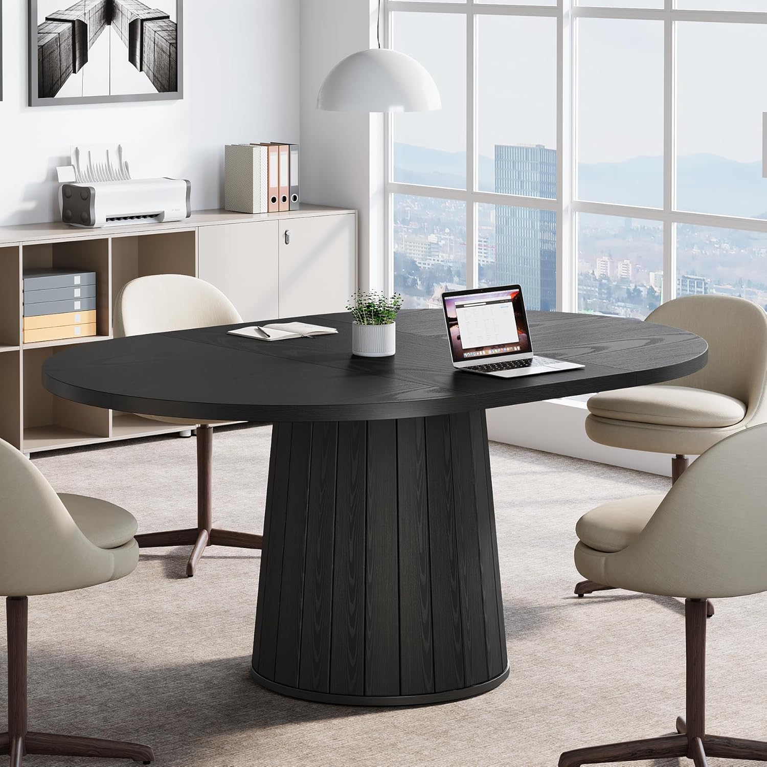 Tribesigns Ovaler Konferenztisch 140 cm für 6 Personen, Holz Besprechungstisch mit stabilem Sockel, Schwarz