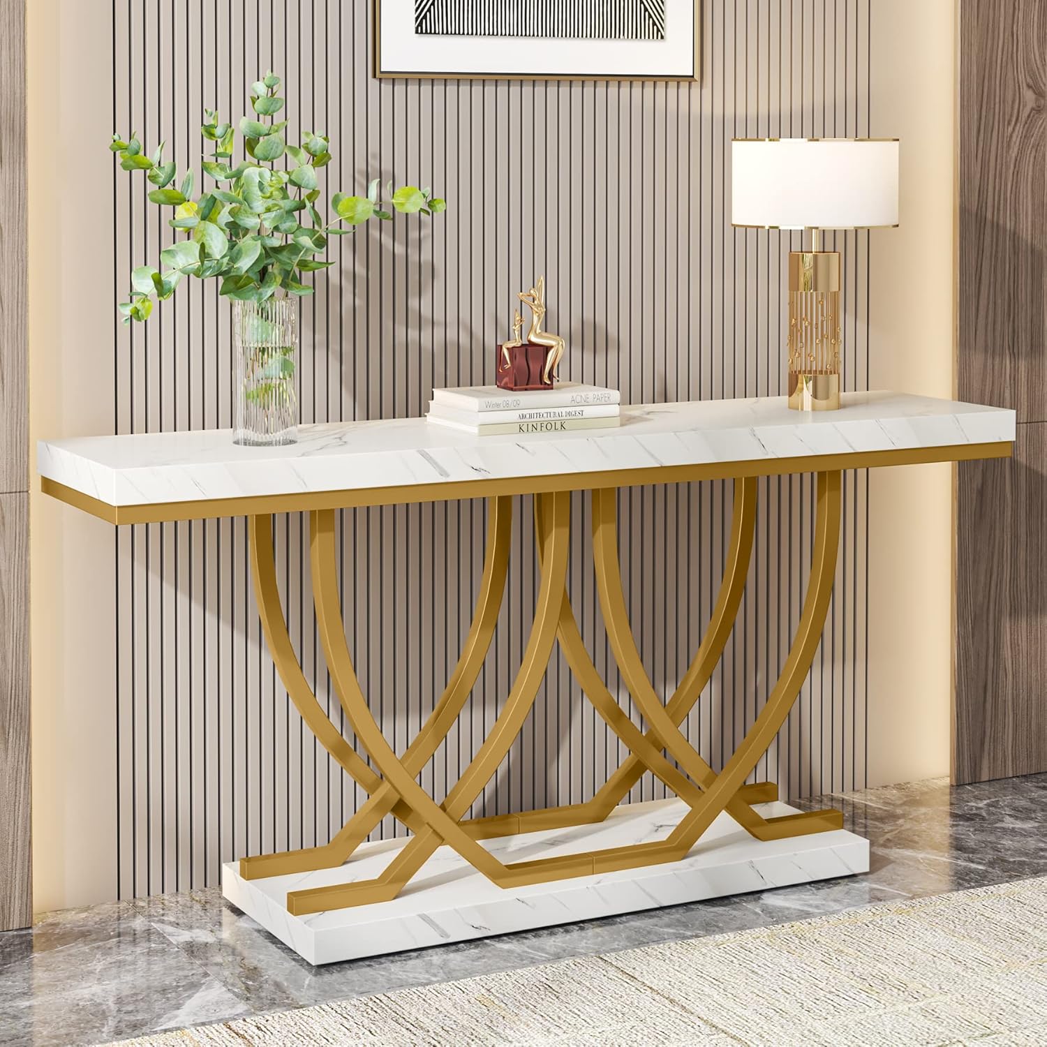 Moderner weiß-goldener Konsolentisch mit goldenen Metallbeinen, Kunstmarmor, schmal