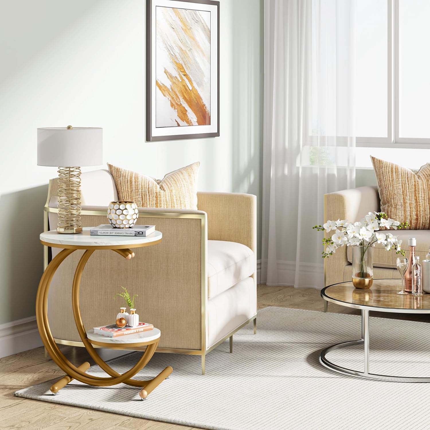 Modern Side Table - 2-stöckiger Beistelltisch mit C-förmigen Metallbeinen