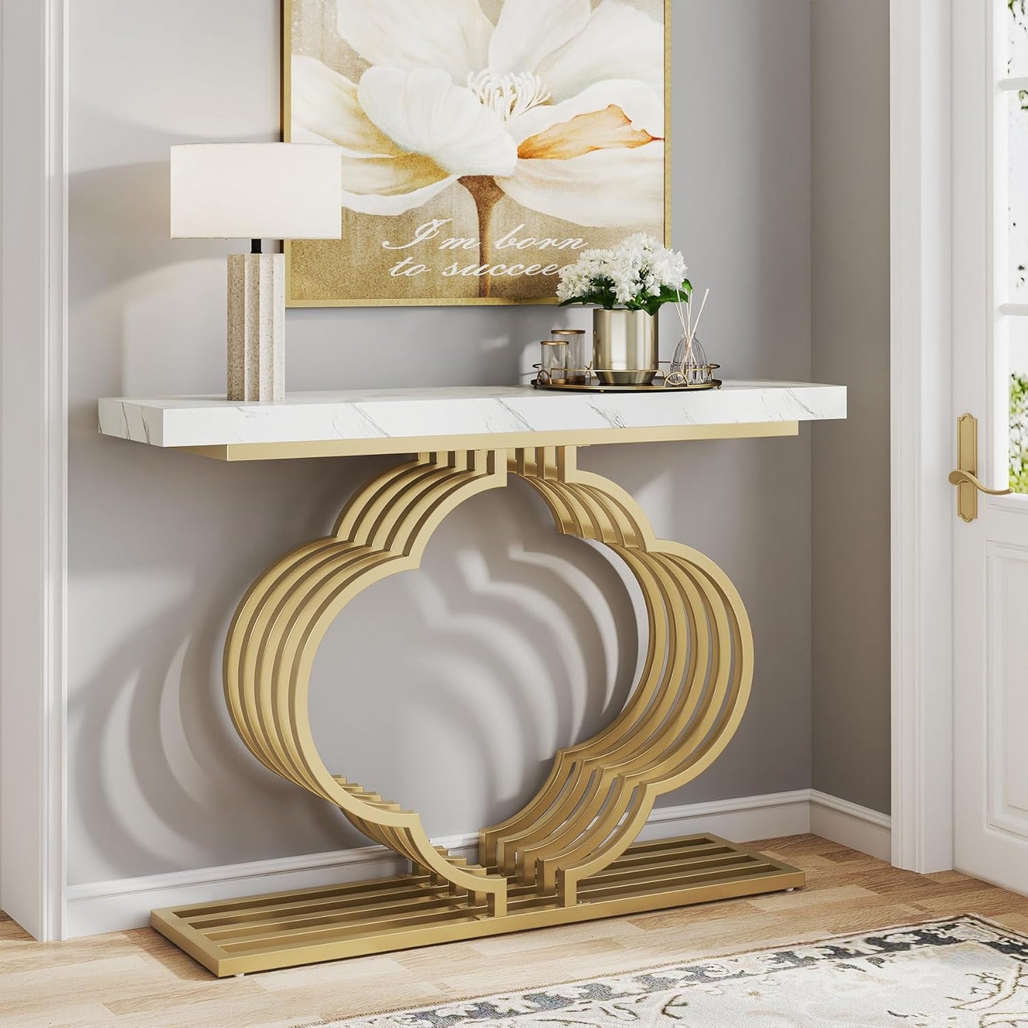 Gold Konsolentisch - Moderner Eingangstisch mit blumenförmigem Sockel
