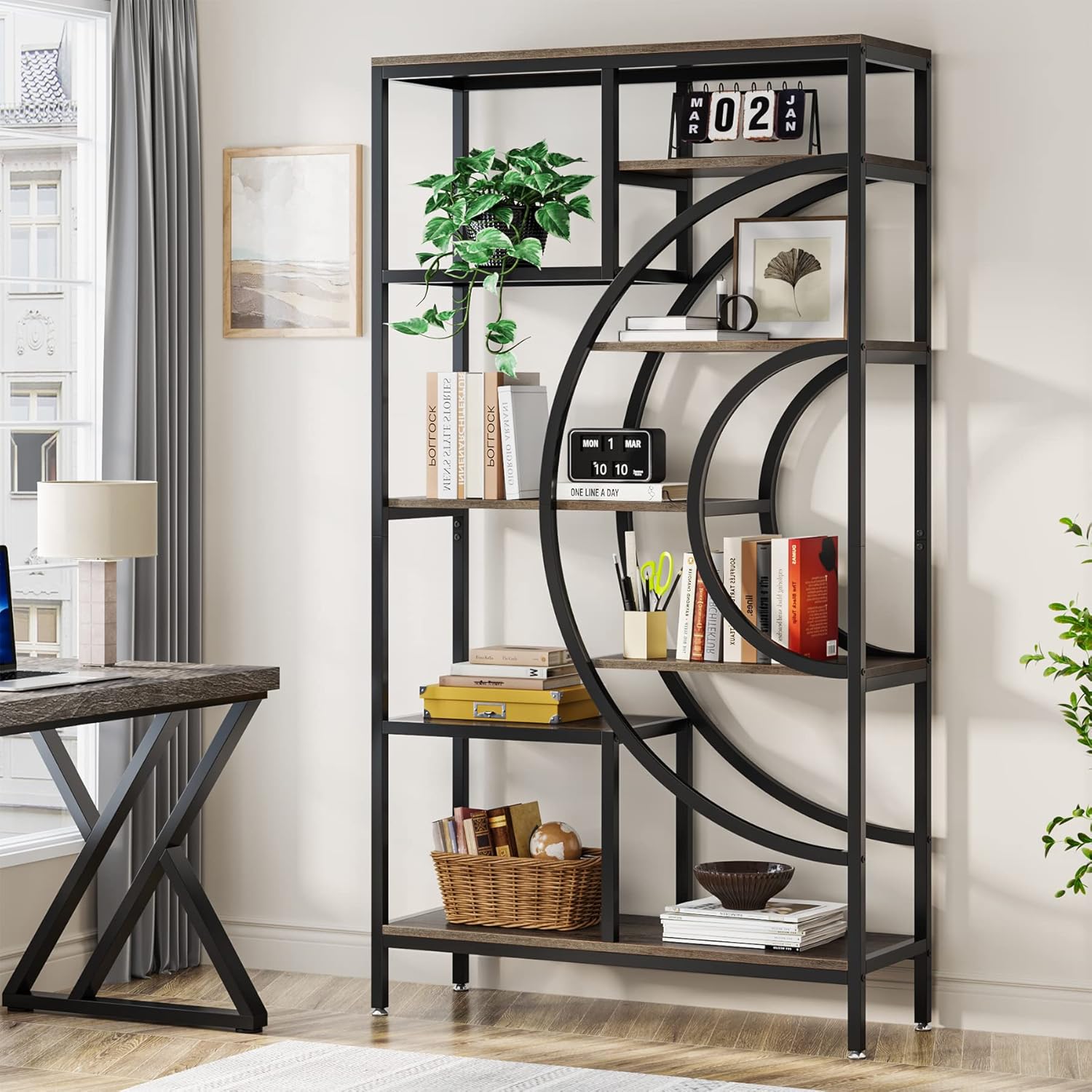 Industrielles 8-stöckiges geometrisches Bücherregal mit rustikalen Metallrahmen