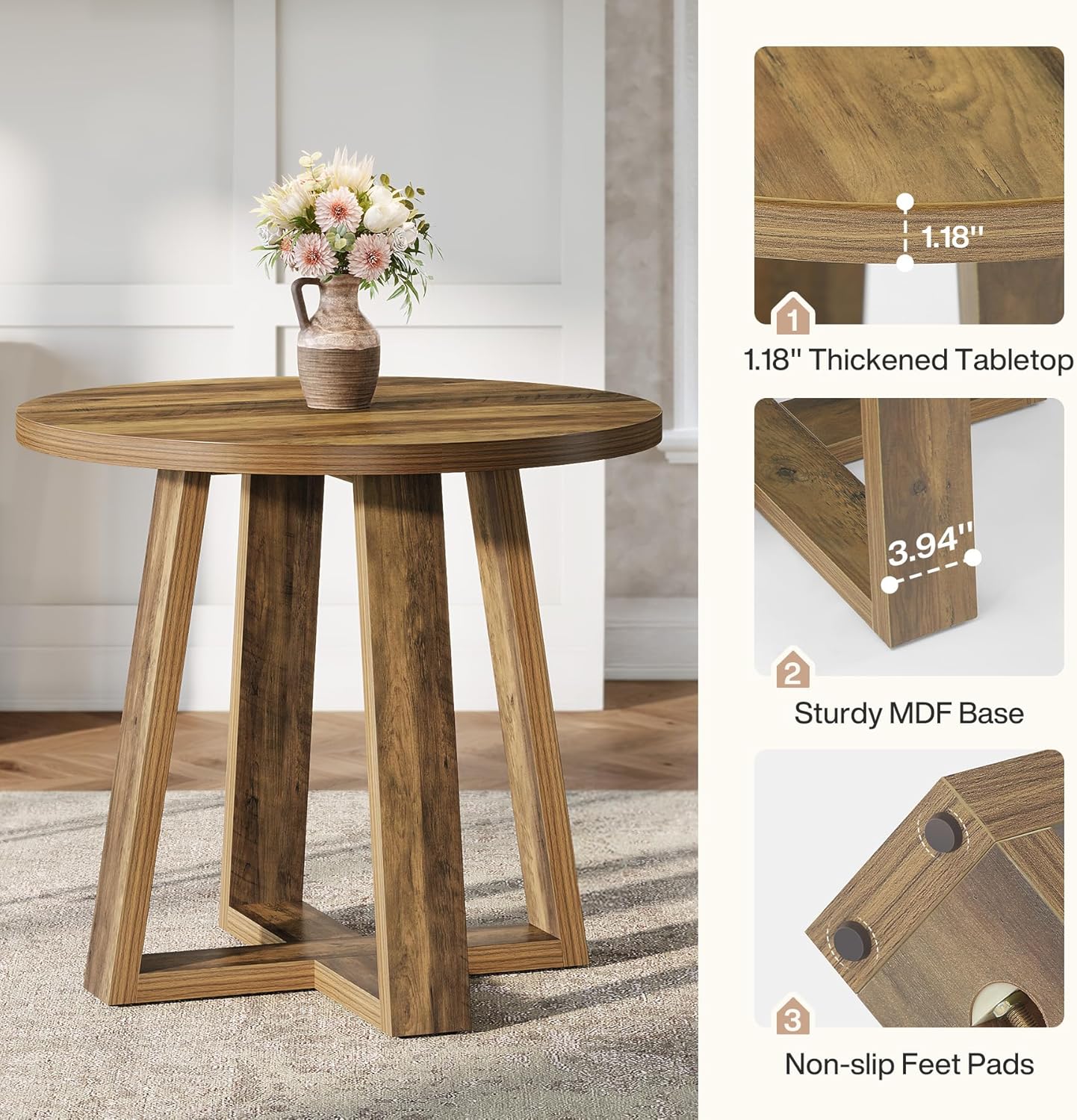 80 cm Kleiner Runder Esstisch für 2-4 Personen, Landhausstil Küchentisch für kleine Räume