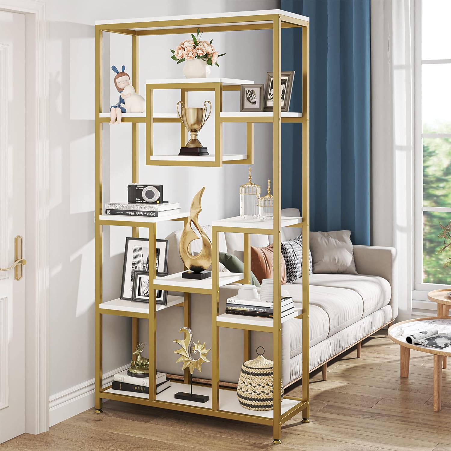 Goldenes Bücherregal - Modernes freistehendes Bücherregal mit 11 offenen Regalen