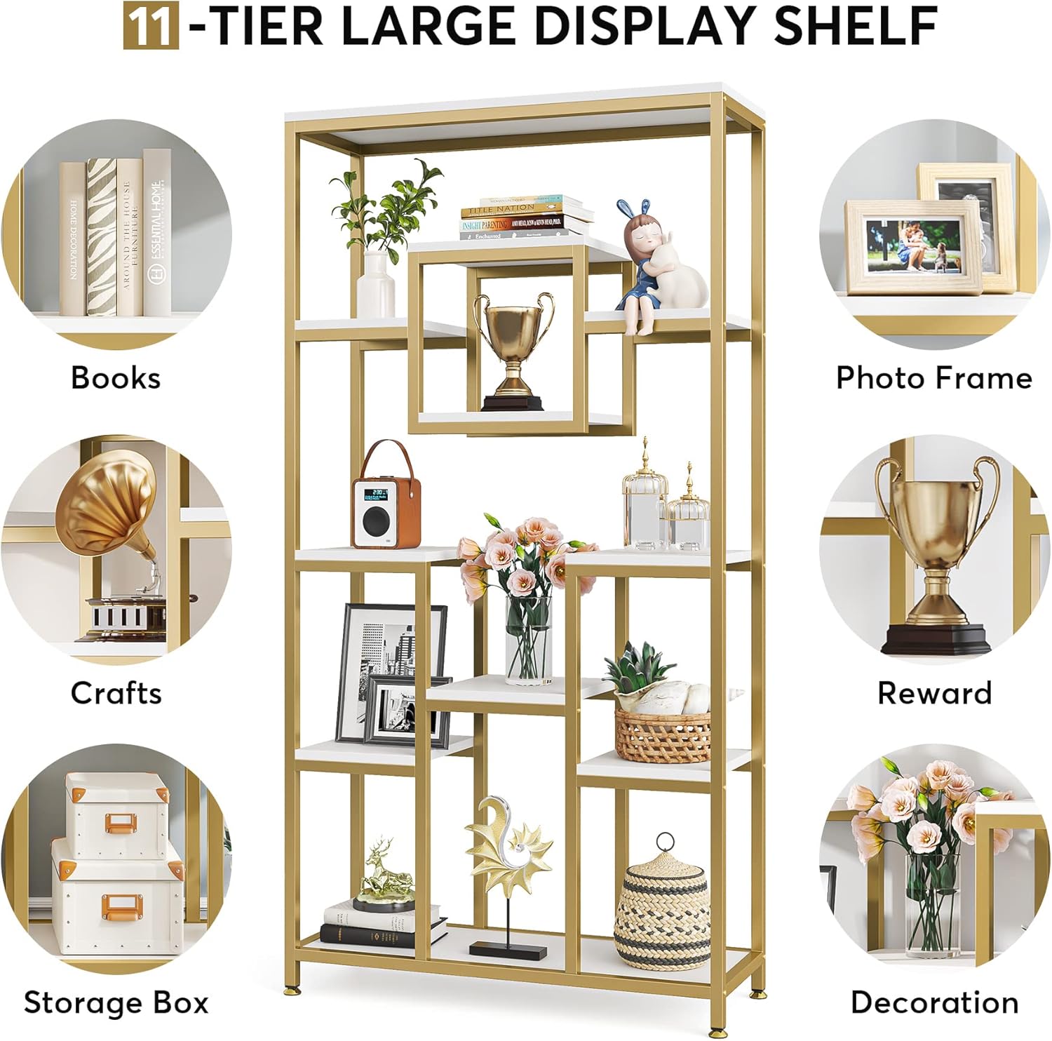 Goldenes Bücherregal - Modernes freistehendes Bücherregal mit 11 offenen Regalen
