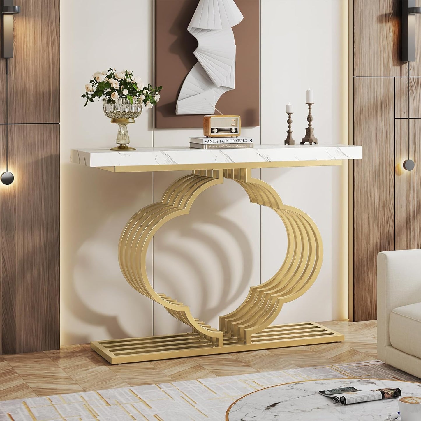 Gold Konsolentisch - Moderner Eingangstisch mit blumenförmigem Sockel