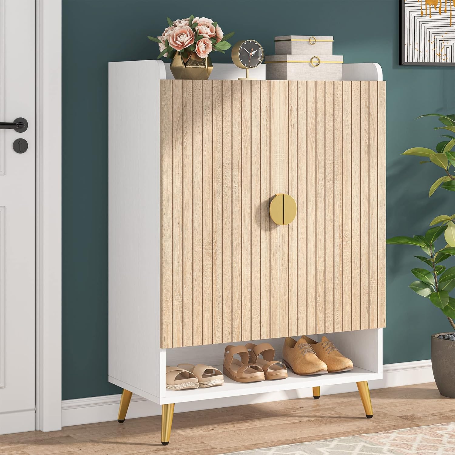 Moderner Schuhschrank mit 2 Türen - Goldener Metallrahmen