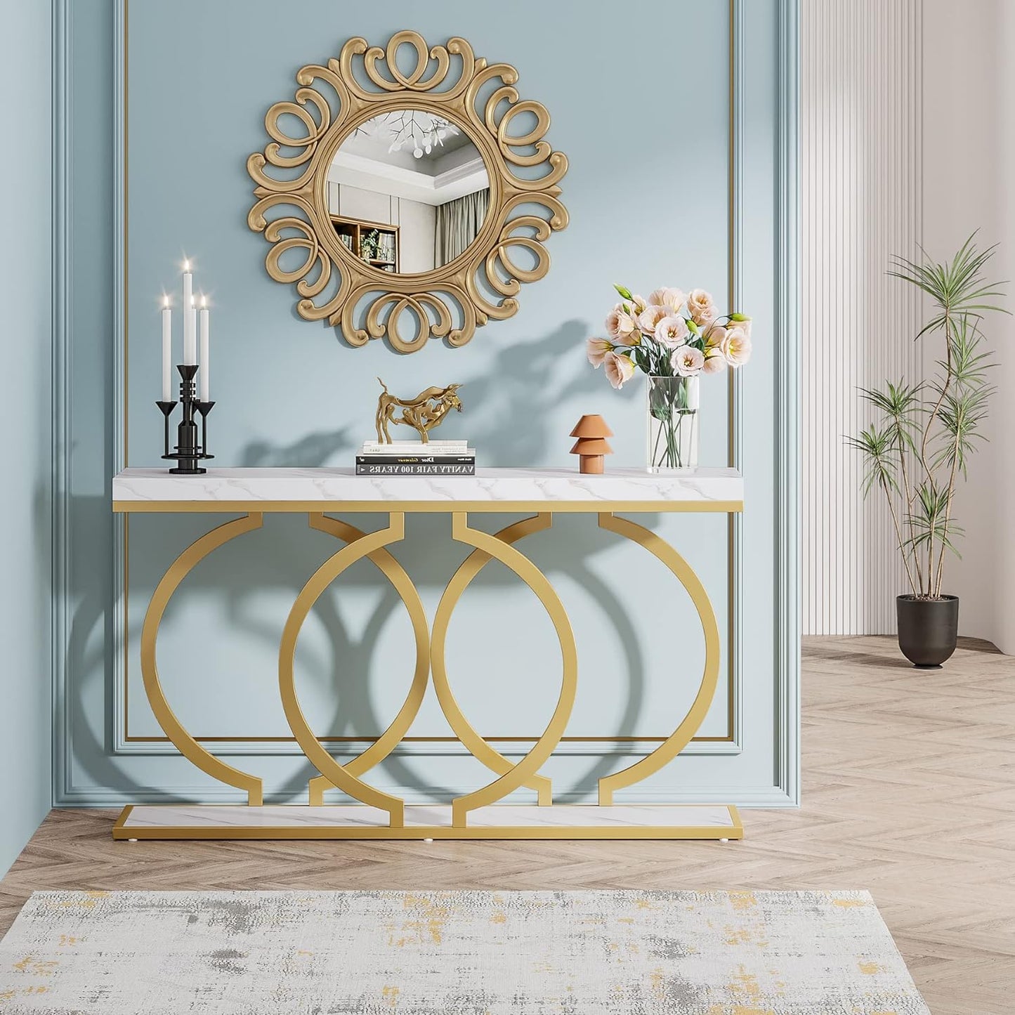 Modern Weiß und Gold Konsolentisch - Faux Marmor Sofa Tisch