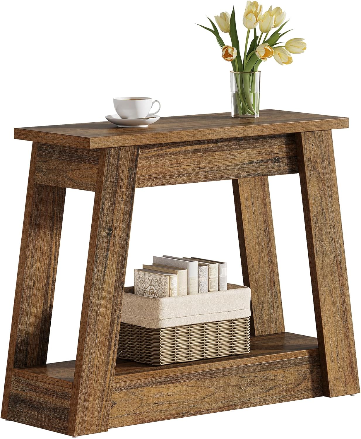 Schmaler Beistelltisch mit 2 Ablagen, Nachttisch in Holzoptik, kleiner Sofatisch im rustikalen Design