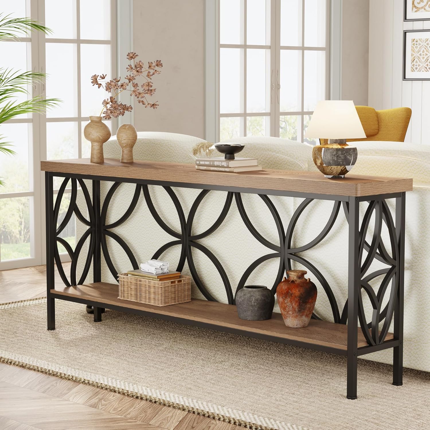 2-stufiger Konsolentisch, 160 cm Industrieller Sofatisch hinter der Couch